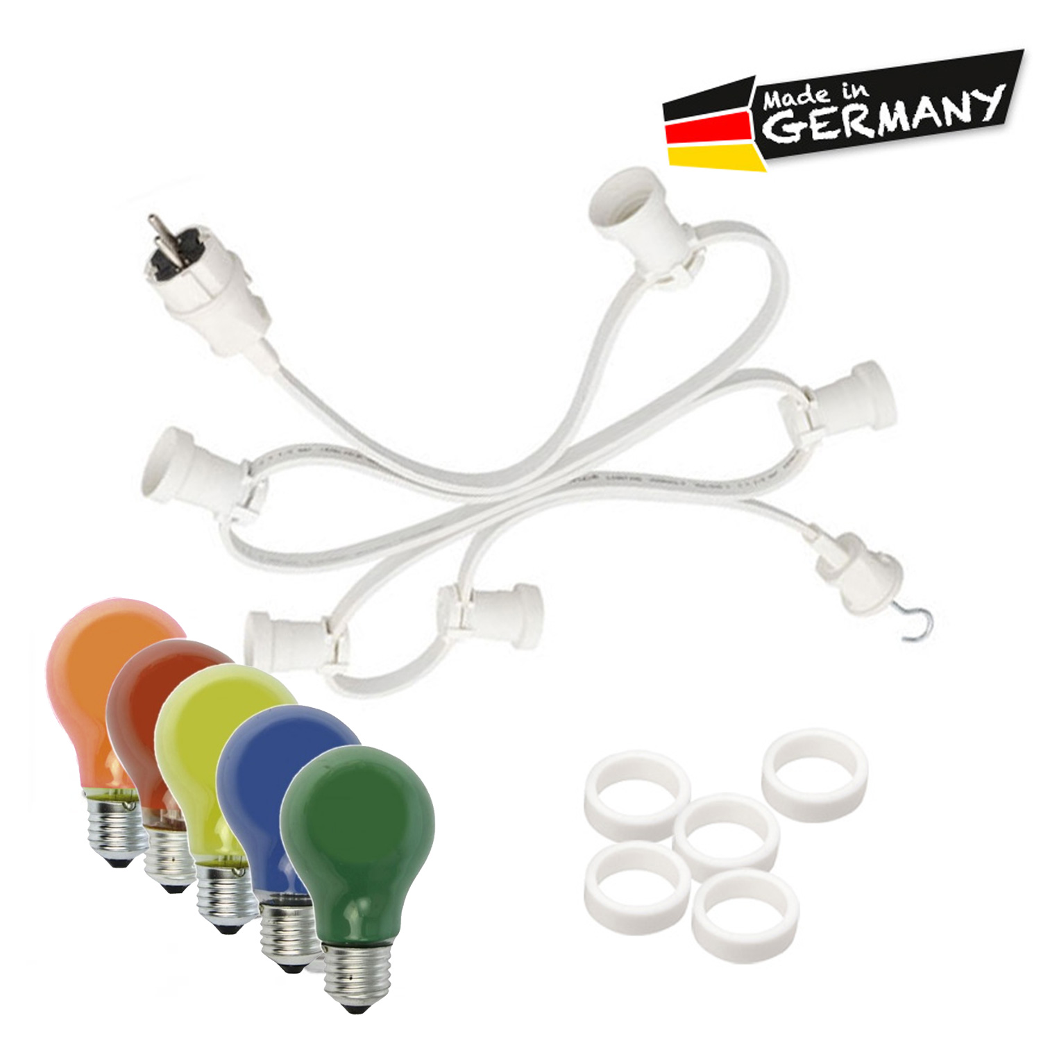 Illu-/Partylichterkette 20m - Außenlichterkette weiß - Made in Germany - 30 x bunte 25W Glühlampen