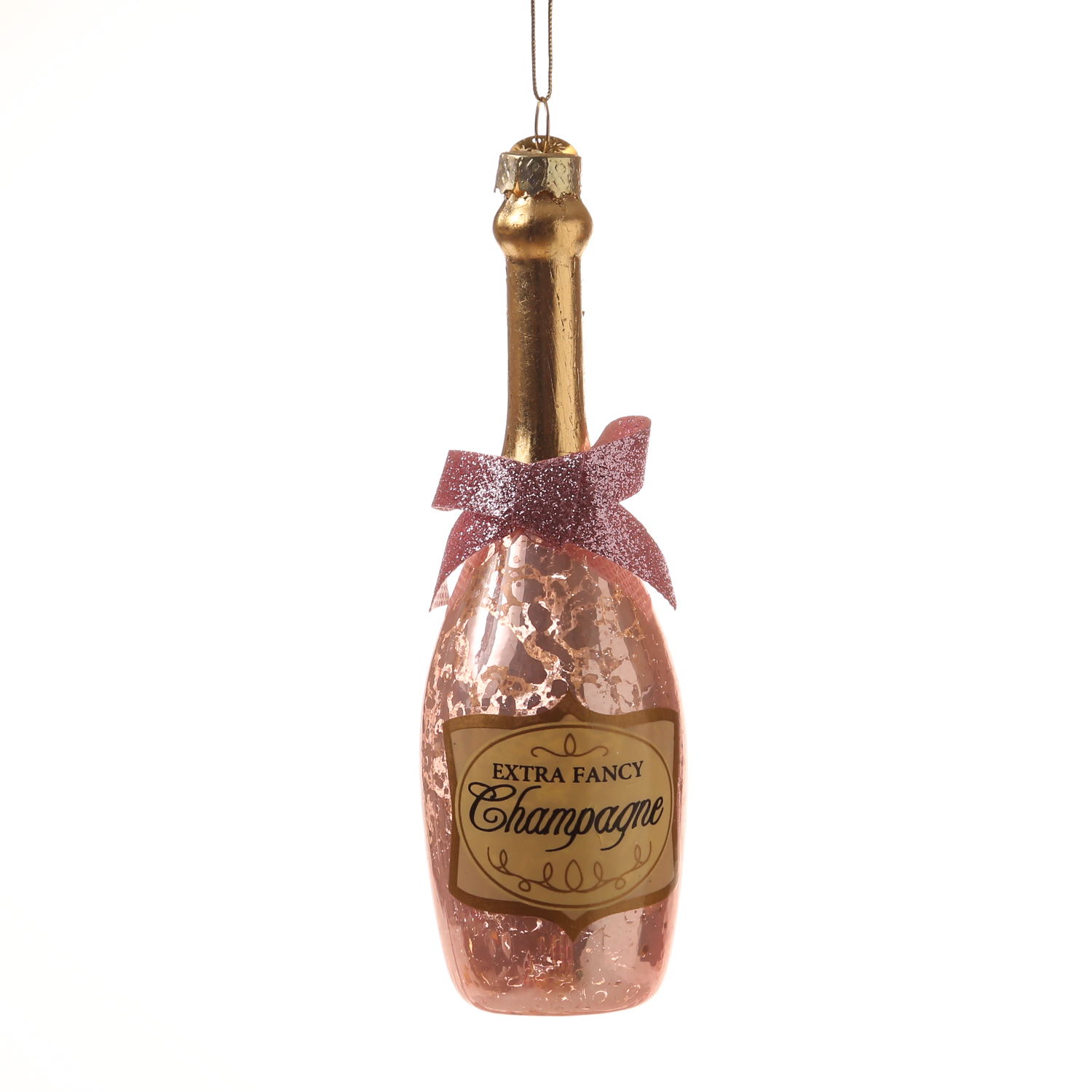 Weihnachtsbaumschmuck CHAMPANGER Flasche - Glas - inkl. Aufhänger - H: 13,5cm - rosa