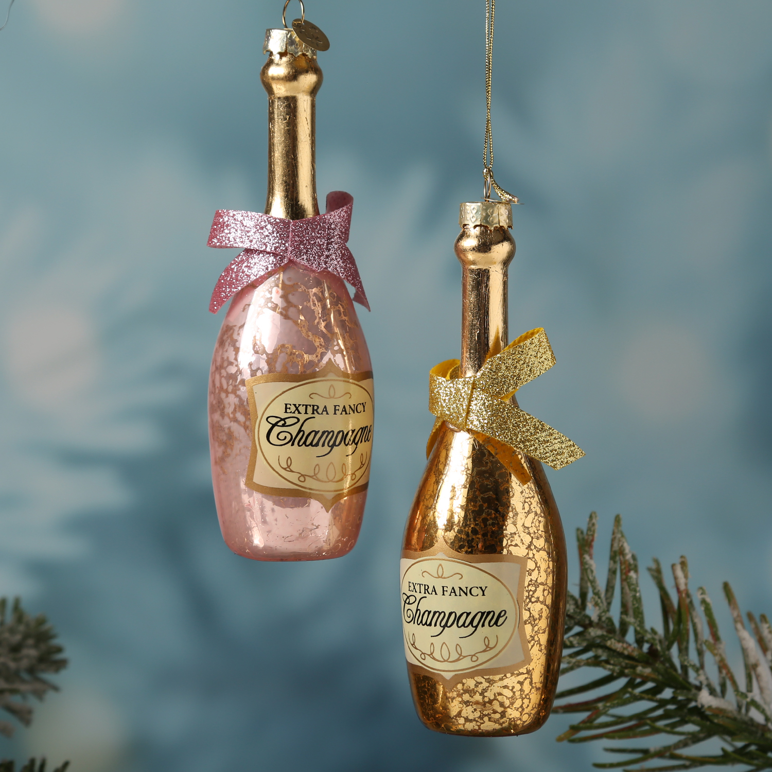 Weihnachtsbaumschmuck CHAMPANGER Flasche - Glas - inkl. Aufhänger - H: 13,5cm - gold