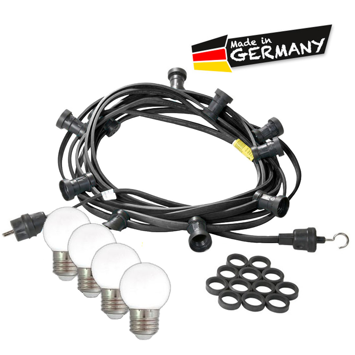 Illu-/Partylichterkette 10m - Außenlichterkette schwarz Made in Germany 30 warmweiße LED Kugellampen