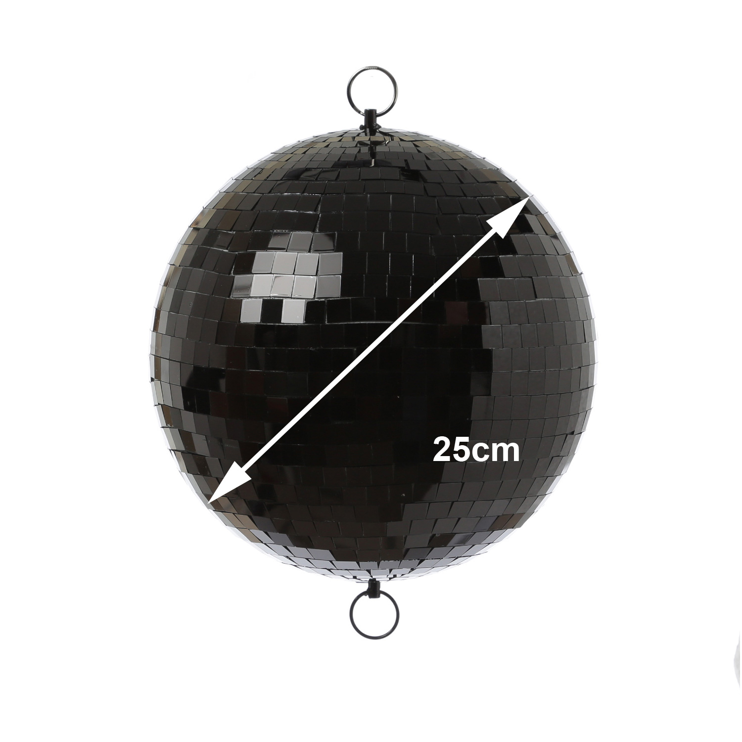 Spiegelkugel 25cm - schwarz - Discokugel Echtglas - 10x10mm Spiegel - PROMO - Metallöse oben + unten