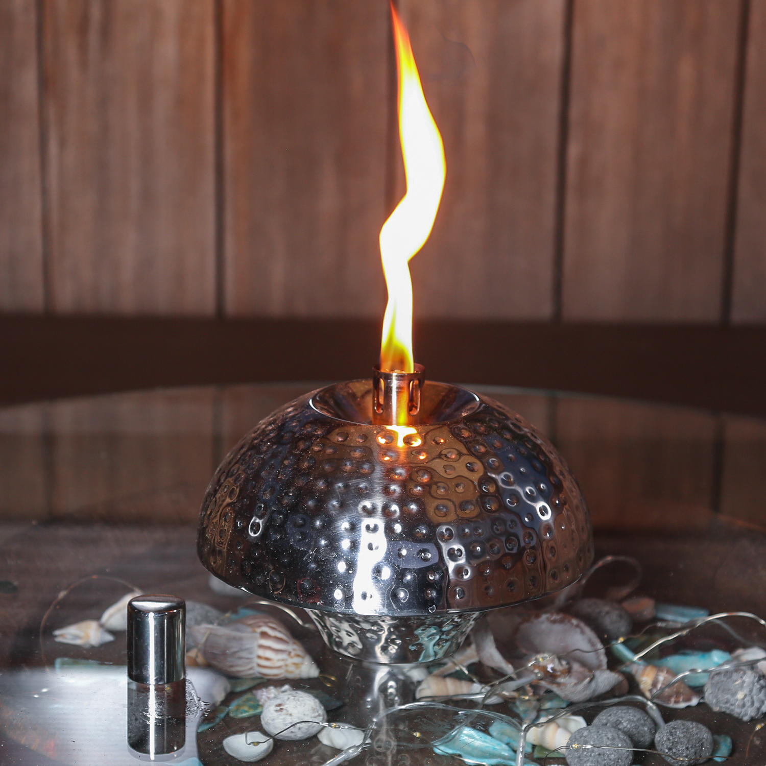 Tischfackel - Ölllampe / Ölbrenner - D: 23cm - für Lampenöl - Edelstahl - von Hand gehämmert - grob Tischfackel - Ölllampe / Ölbrenner - D: 23cm - für Lampenöl - Edelstahl - von Hand gehämmert - grob