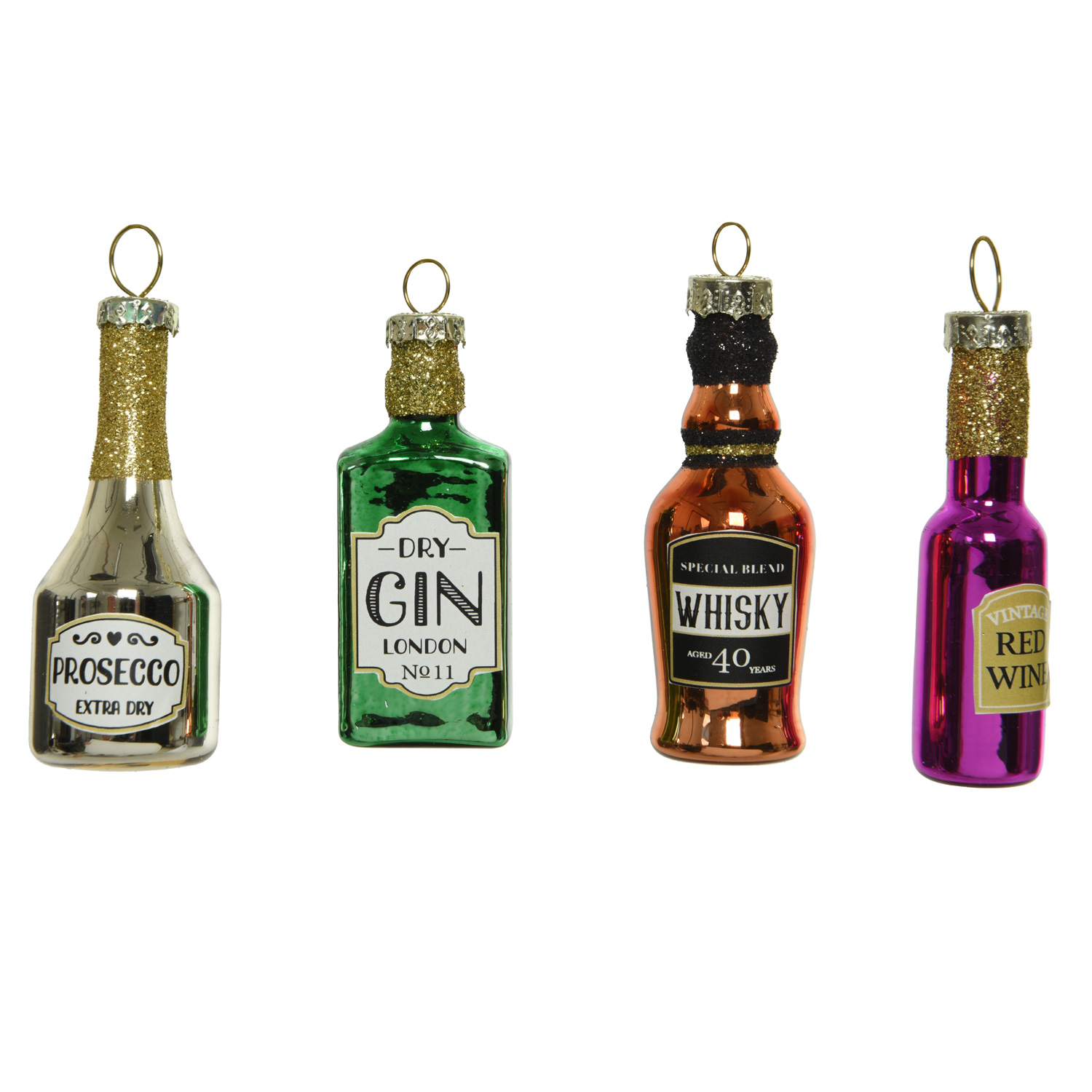 Christbaumschmuck ALKOHOLMIX - Glas - Prosecco - Gin - Whisky - Rotwein - inkl. Aufhänger - 4er Set