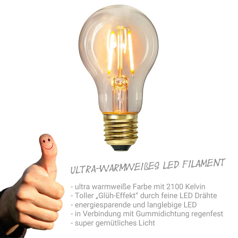 Illu-/Partylichterkette 20m | Außenlichterkette weiß, Made in Germany | 30 Edison LED Filamentlampen