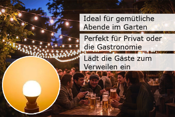 Illu-/Partylichterkette 50m - Außenlichterkette - Made in Germany - 50 ultra-warmweiße LED Kugeln
