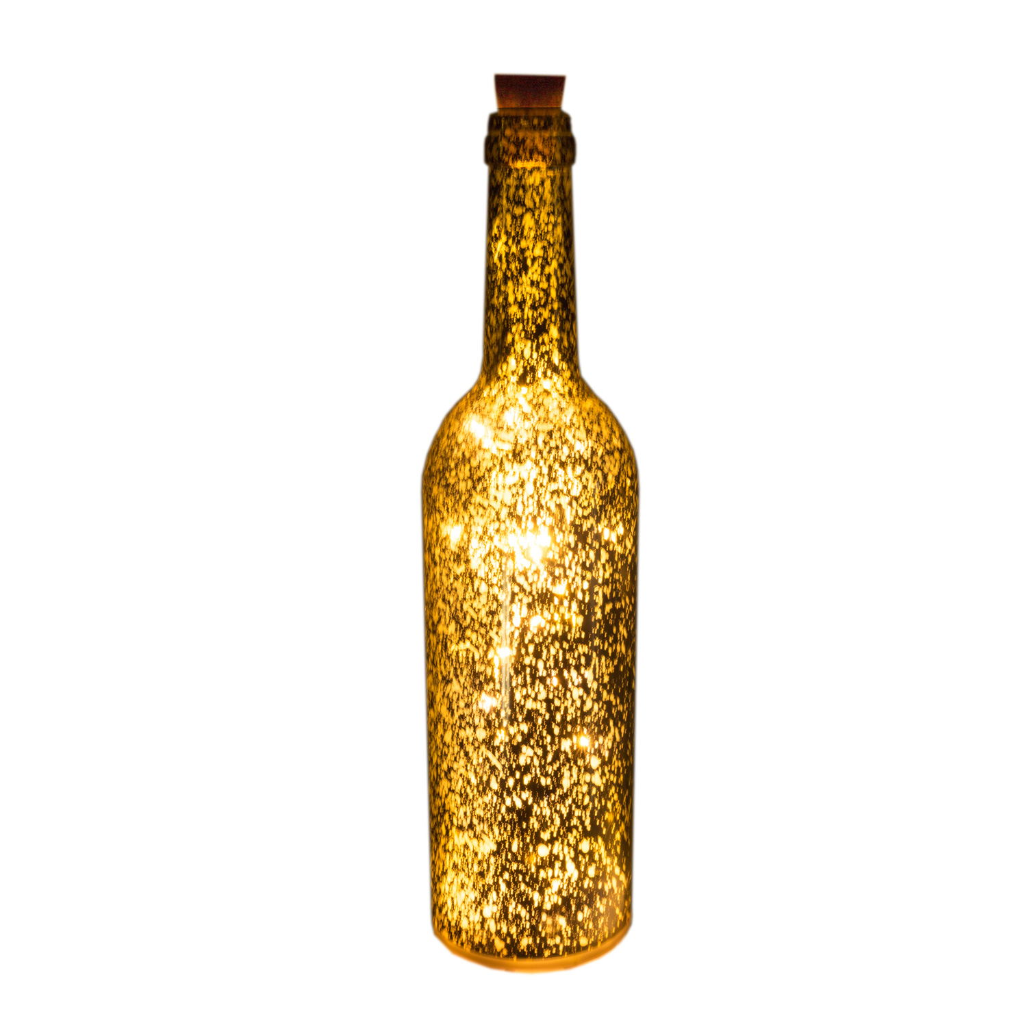 LED Dekoflasche - 8 warmweiße flackernde LED - D: 7,5cm - H: 30cm - Batterie - Timer - gold metallic