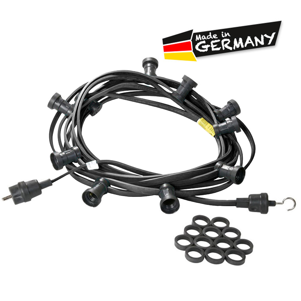 Illu-/Partylichterkette schwarz 30m | Außenlichterkette | Made in Germany | 50 x E27 Schraubfassung