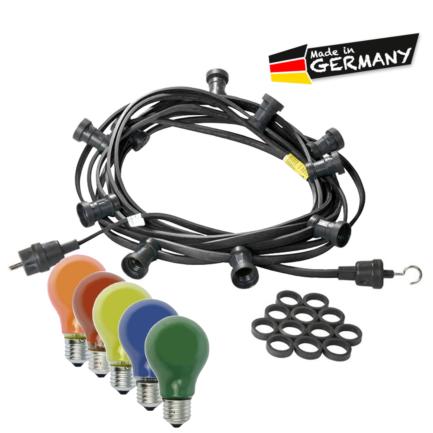 Illu-/Partylichterkette 10m - Außenlichterkette schwarz - Made in Germany - 30 bunte 25W Glühlampen
