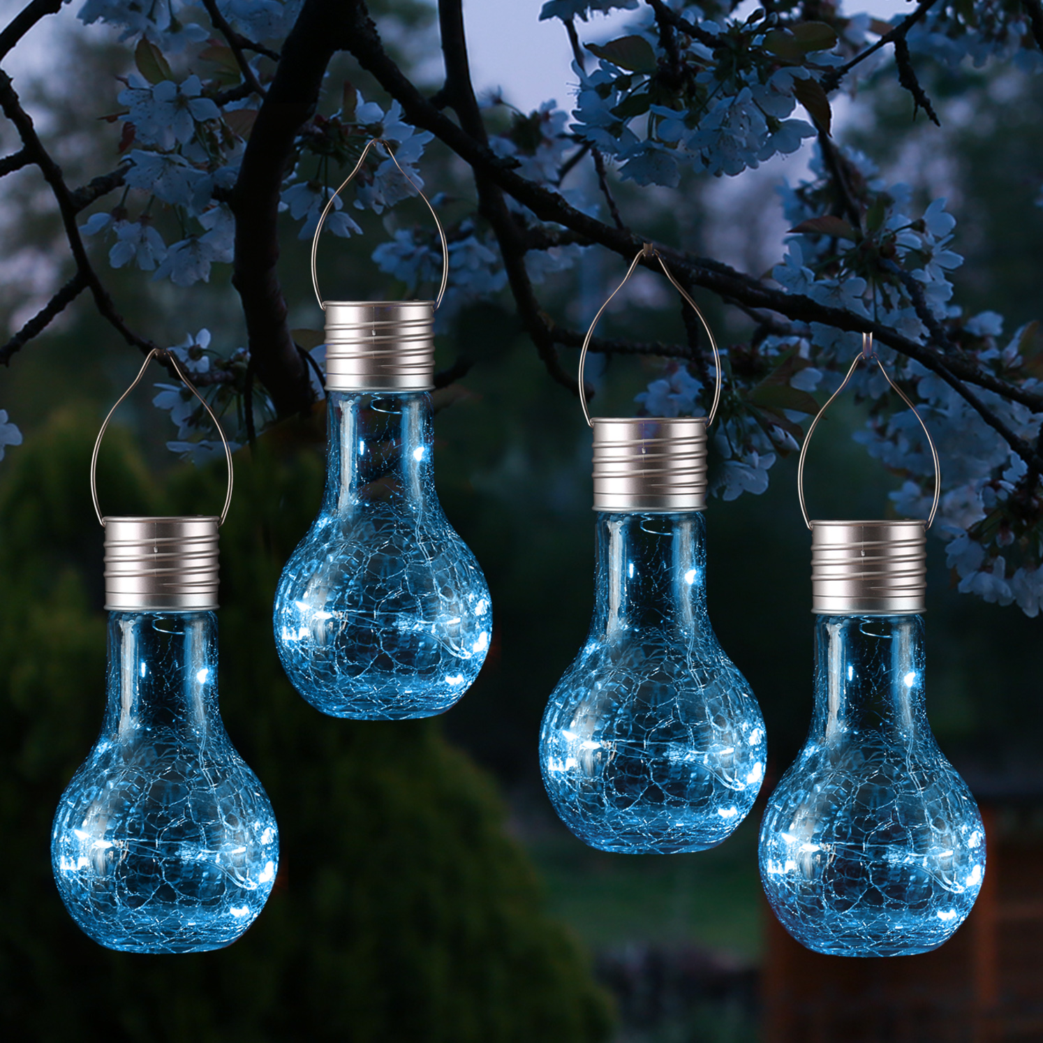 LED Solar Glühbirne CRACKLE GLOW - warmweiße LED Drahtlichterkette - H: 17cm - Lichtsensor - blau