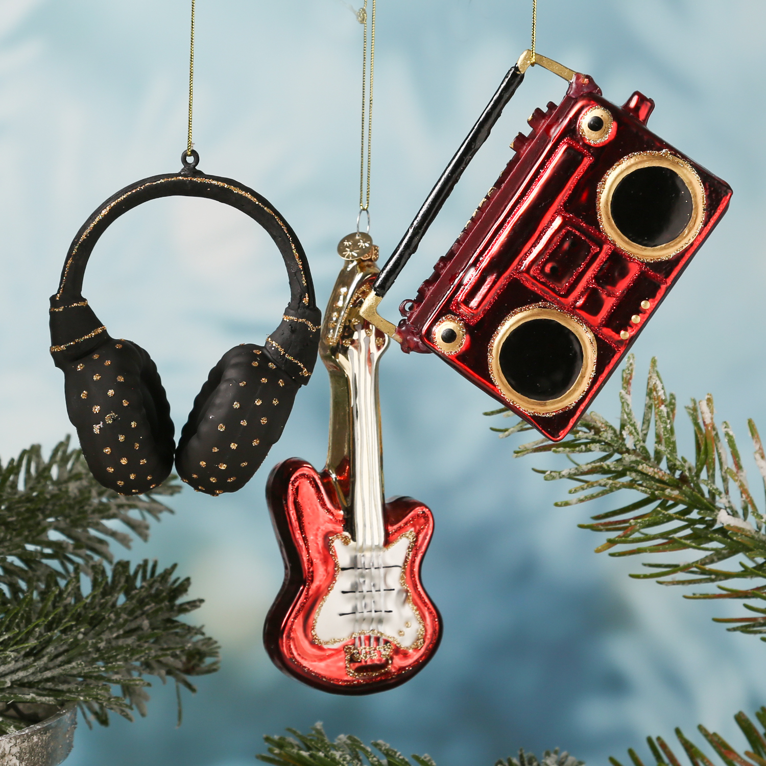 Weihnachtsbaumschmuck MUSIKSET - Glas - inkl.Aufhänger - Kopfhörer, Gitarre, Ghettoblaster - 3er Set