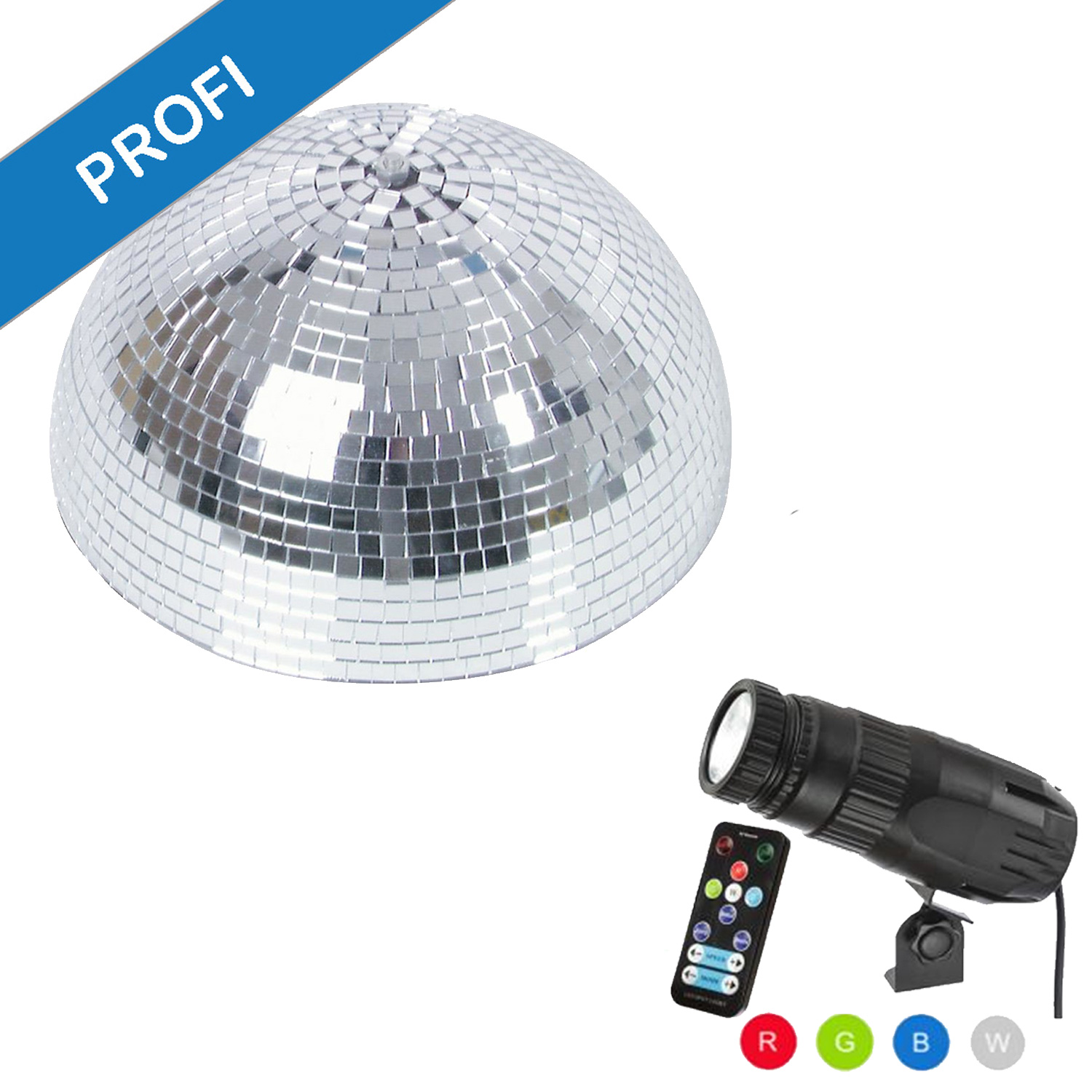 Spiegelkugel Komplettset - Discokugel, Motor, Pinspot, Montagematerial für Diskokugel - Mirrorball Set - Partyset