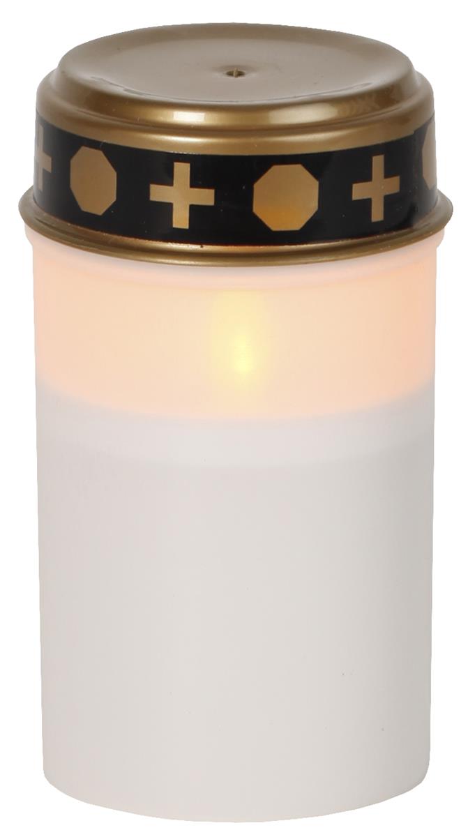 LED Grablicht - Grabkerze - gelbe LED - H: 12cm - Timer - outdoor - weiß mit Deckel