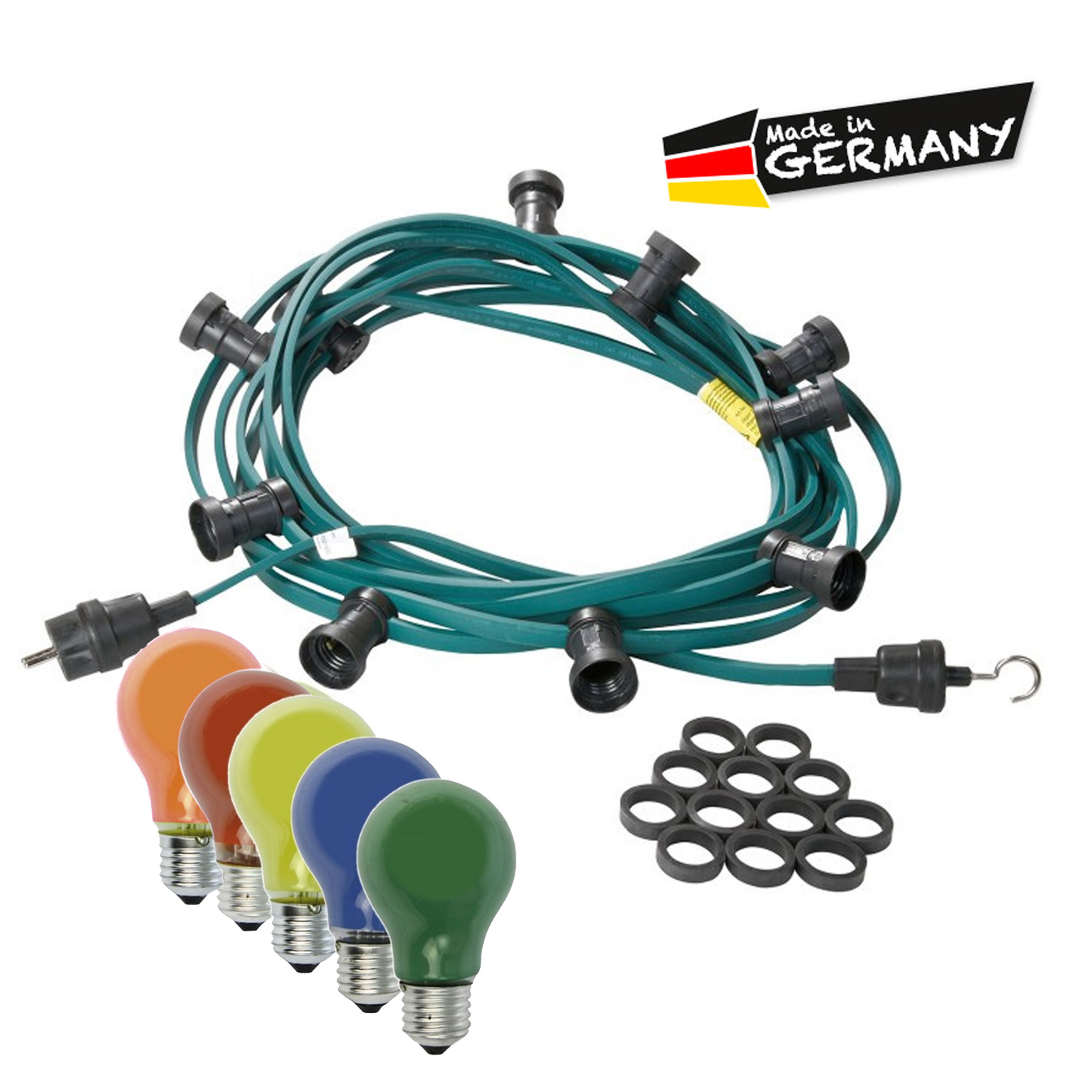 Illu-/Partylichterkette | E27-Fassungen | Made in Germany | mit farbigen Glühlampen | 5m | 5x E27-Fassungen