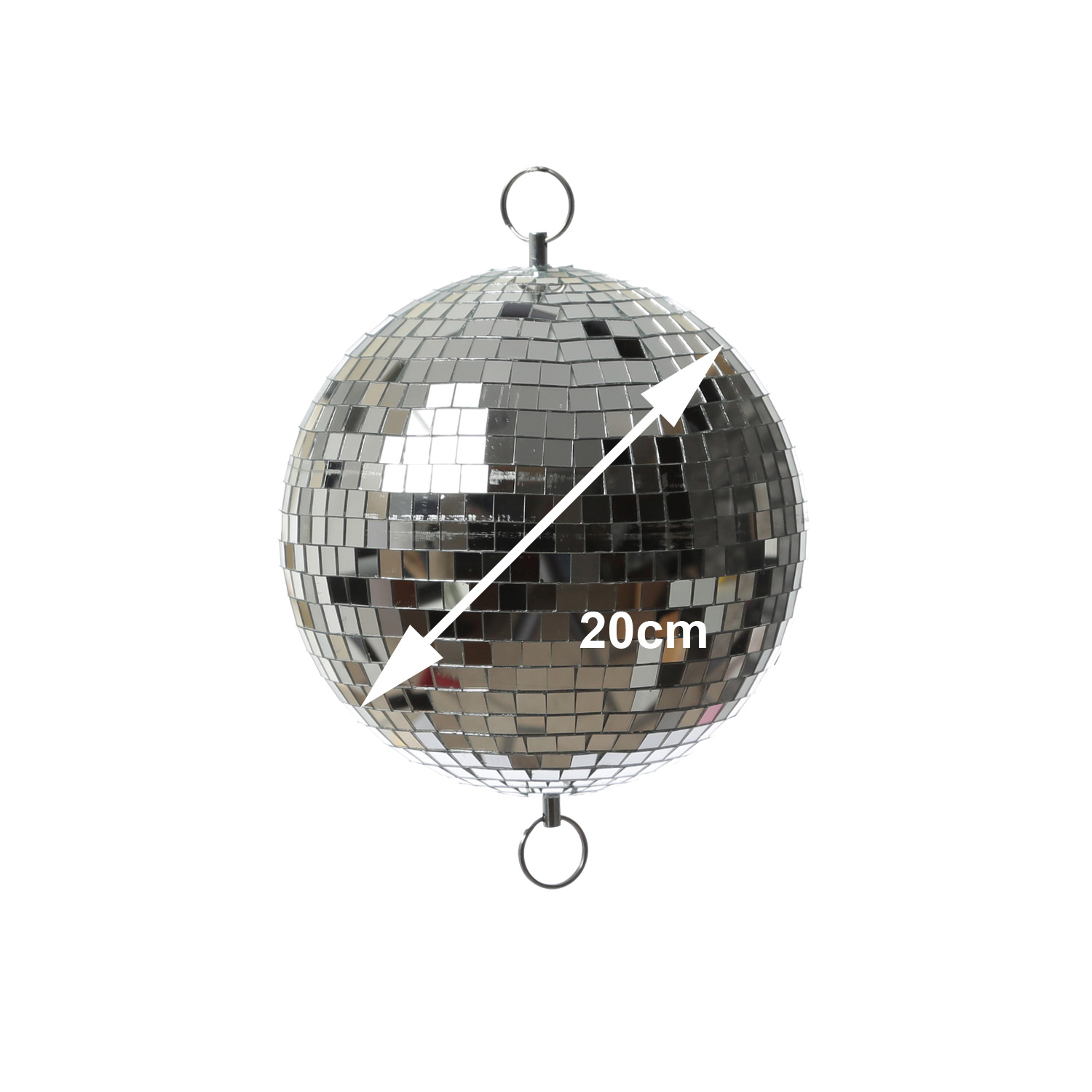Spiegelkugel 20cm - silber - Discokugel Echtglas - 10x10mm Spiegel - PROMO - Metallöse oben + Unten Spiegelkugel 20cm - silber - Discokugel Echtglas - 10x10mm Spiegel - PROMO - Metallöse oben + Unten
