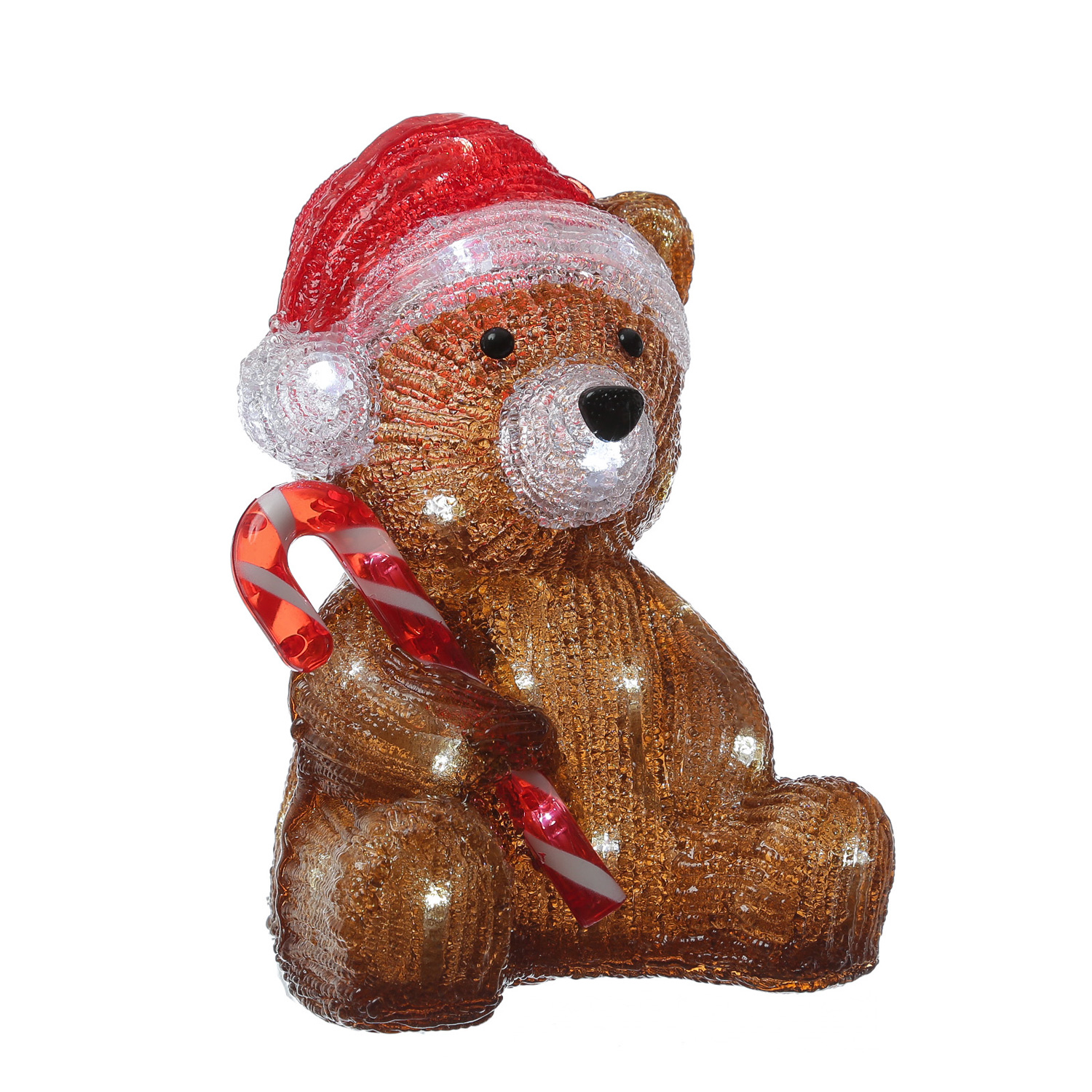 LED Bär mit Zuckerstange - Acryl Tierfigur - 32 kaltweiße LED - H: 24cm - Timer - Batteriebetrieb