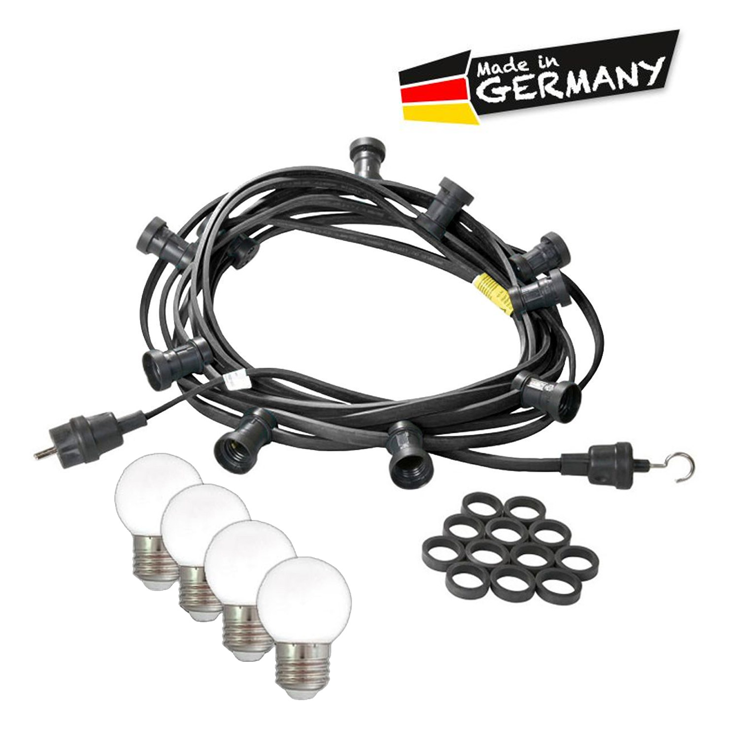 Illu-/Partylichterkette 10m - Außenlichterkette schwarz - Made in Germany- 20 kaltweiße LED Kugellampen Illu-/Partylichterkette 10m - Außenlichterkette schwarz - Made in Germany- 20 kaltweiße LED Kugellampen