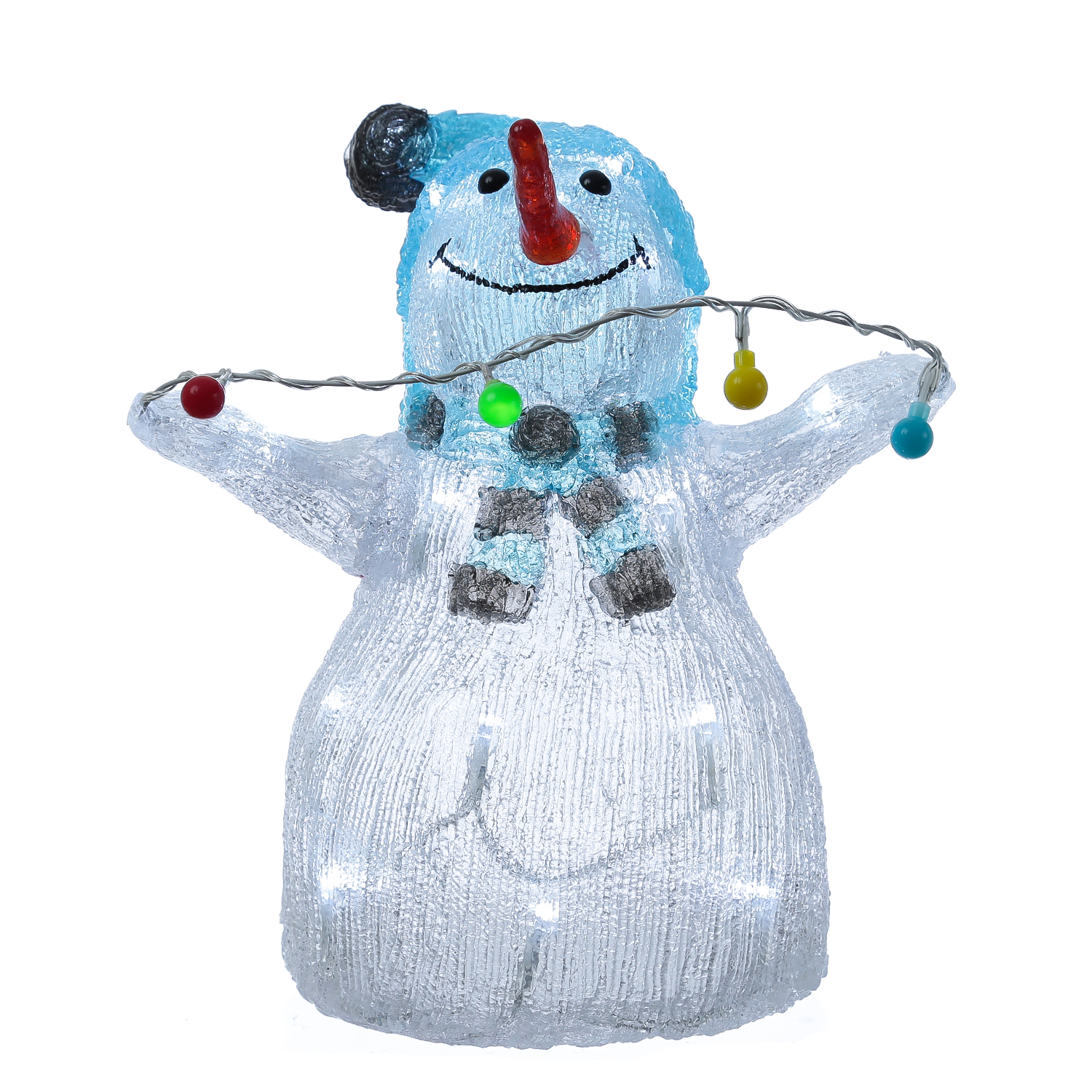 LED Schneemann mit Lichterkette - Acrylfigur - 30 kaltweiße LED - H: 30cm - Timer - für Außen