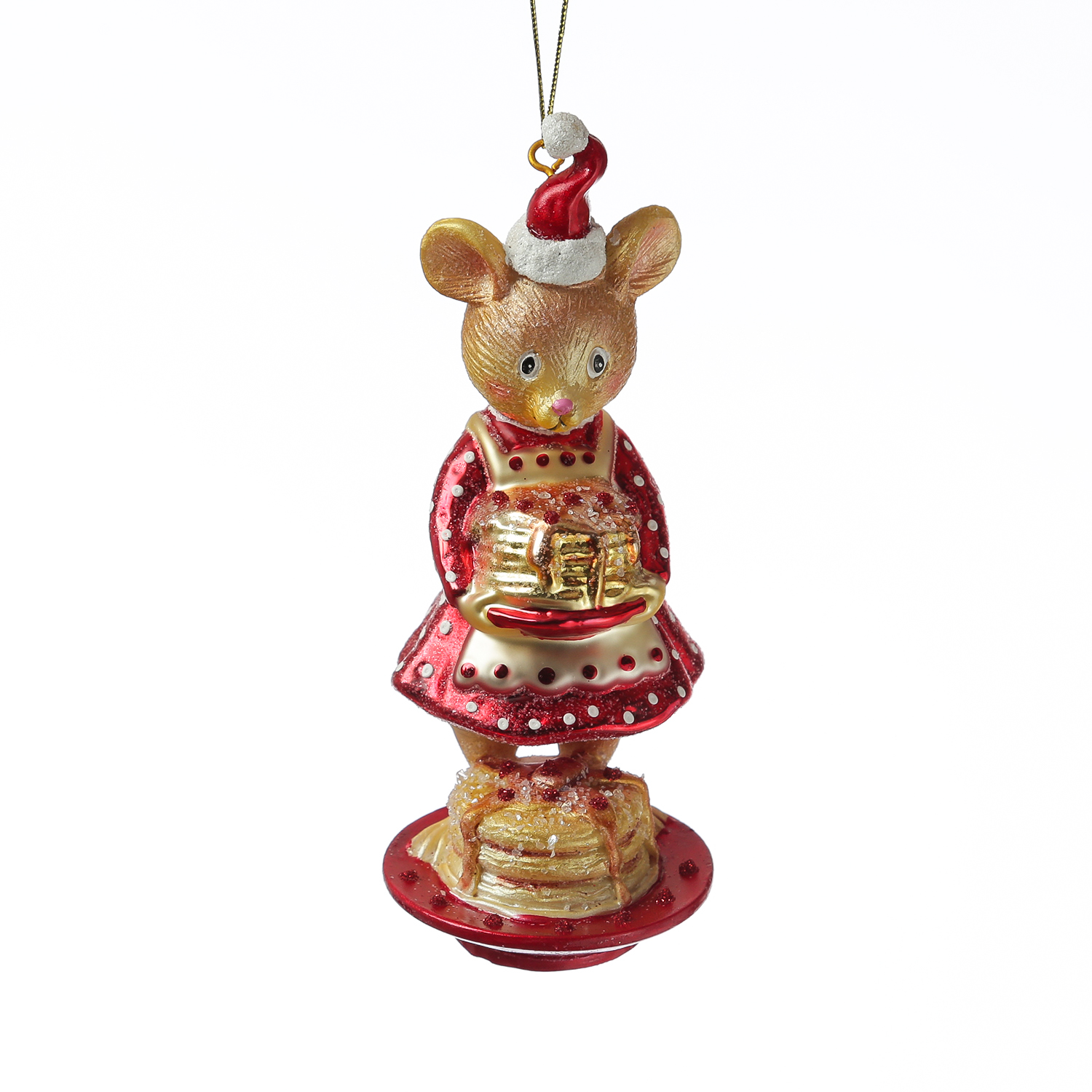 Weihnachtsbaumschmuck Mäuschen mit Pfannkuchen - Christbaumschmuck - Glas - H: 15cm - rot