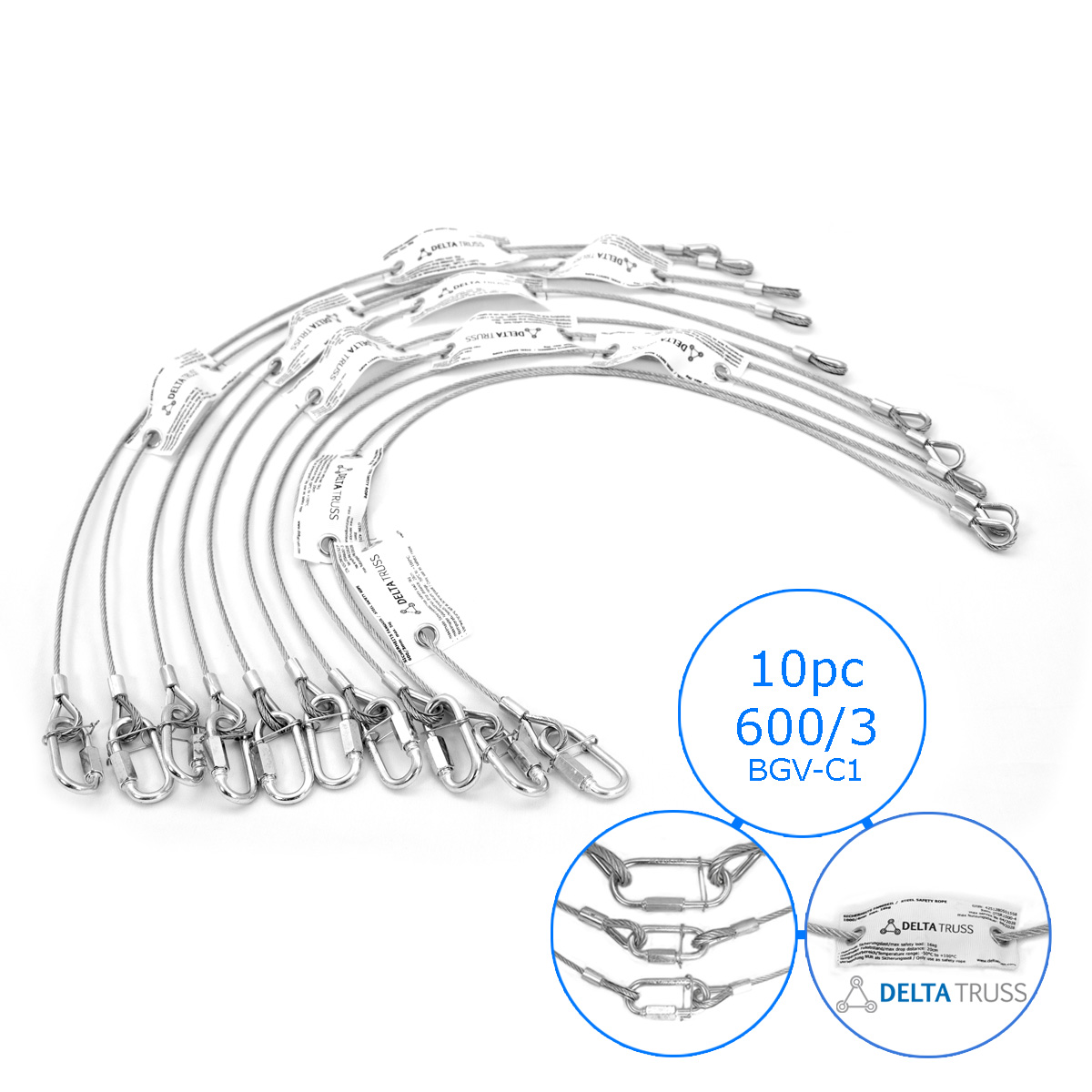 Sicherheitsfangseil 600x3mm - 10er Set - Safety nach BGV-C1 bis 5kg Safety Stahlseil als Absturzsicherung in der Veranstaltungstechnik - Fallsicherung Sicherheitsfangseil 600x3mm - 10er Set - Safety nach BGV-C1 bis 5kg Safety Stahlseil als Absturzsicherung in der Veranstaltungstechnik - Fallsicherung