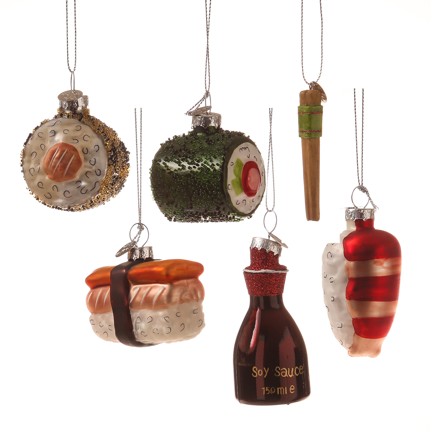 Weihnachtsbaumschmuck SUSHI - Glas - inkl. Aufhänger - matt glänzend und glitzernd - bunt - 6er Set