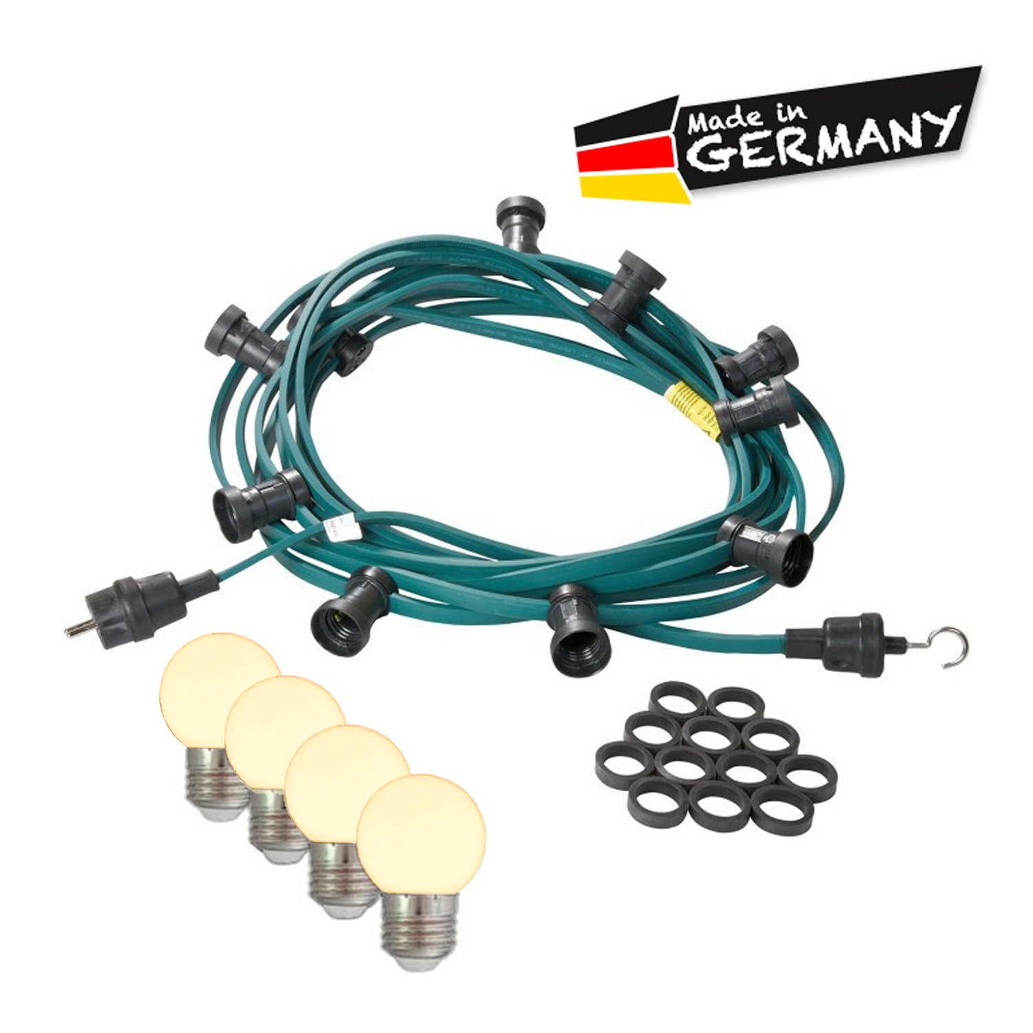 Illu-/Partylichterkette 50m - Außenlichterkette grün - Made in Germany 50 warmweiße LED Kugellampen Illu-/Partylichterkette 50m - Außenlichterkette grün - Made in Germany 50 warmweiße LED Kugellampen