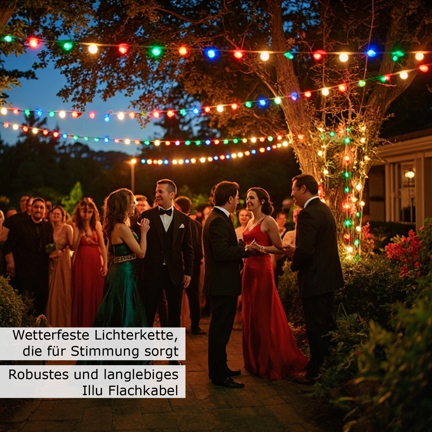 Illu-/Partylichterkette 40m - Außenlichterkette weiß - Made in Germany - 60 bunte LED Tropfenlampen Illu-/Partylichterkette 40m - Außenlichterkette weiß - Made in Germany - 60 bunte LED Tropfenlampen