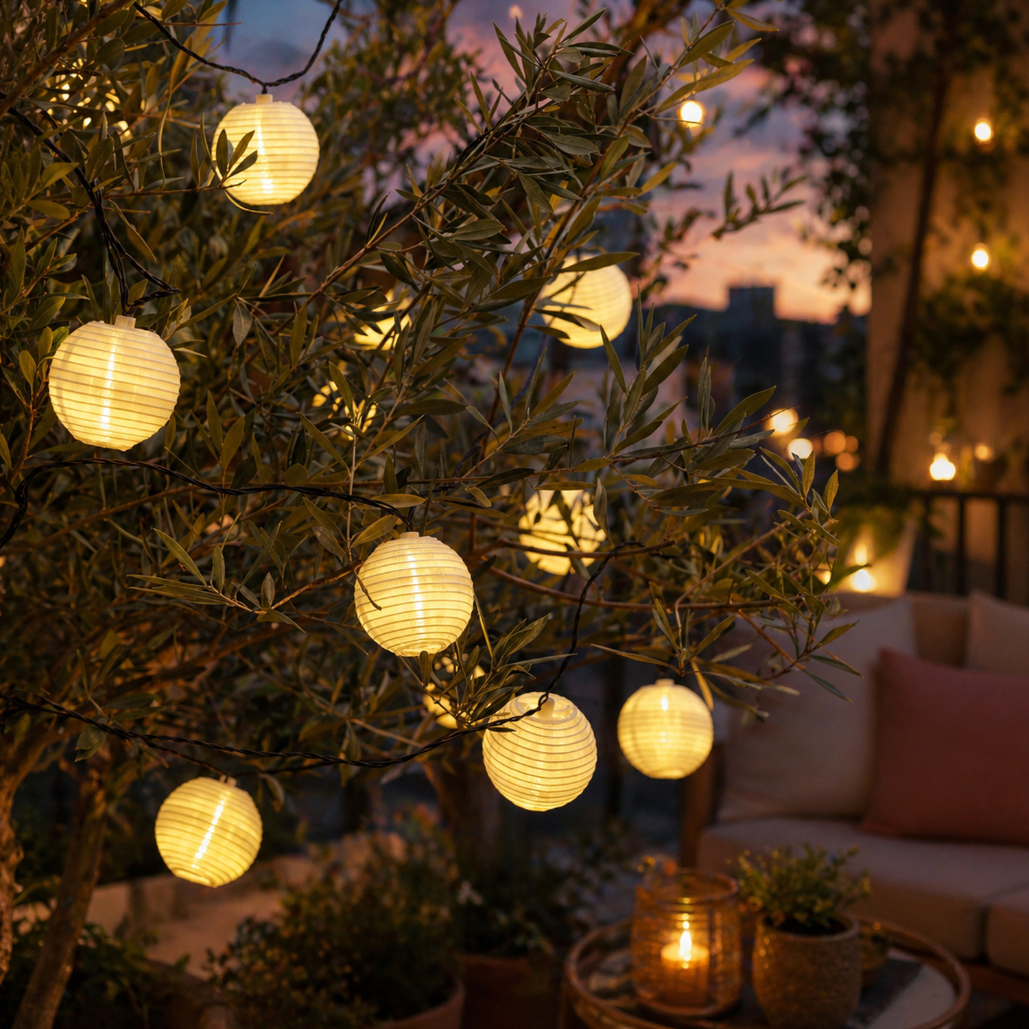 LED Lichterkette LAMPIONS - 20 warmweiße LED - L: 5,7m - 8 Leuchtfunktionen - Außentrafo - weiß