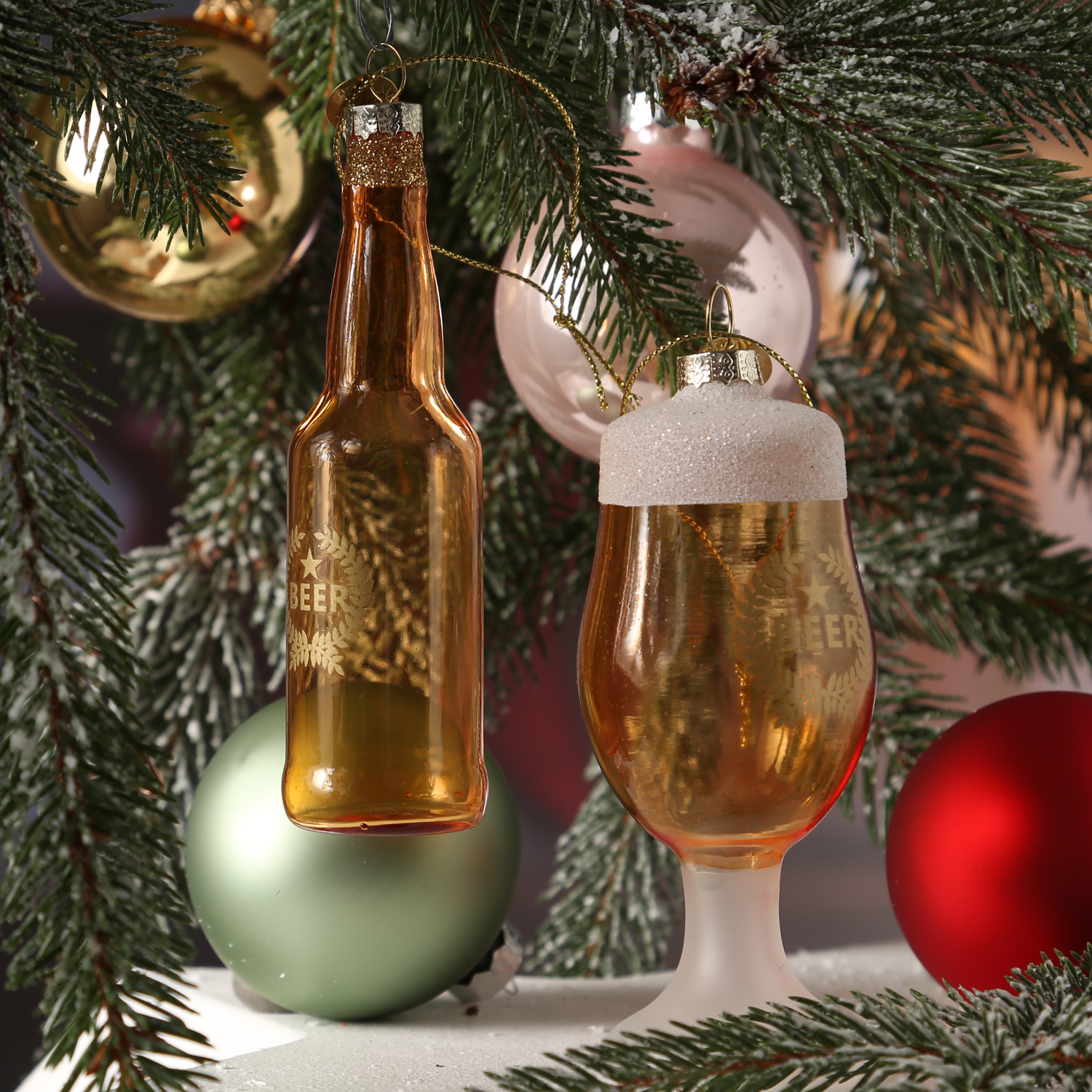 Christbaumschmuck BEER - Glas - Flasche und Trinkglas - inkl. Aufhänger - 2er Set