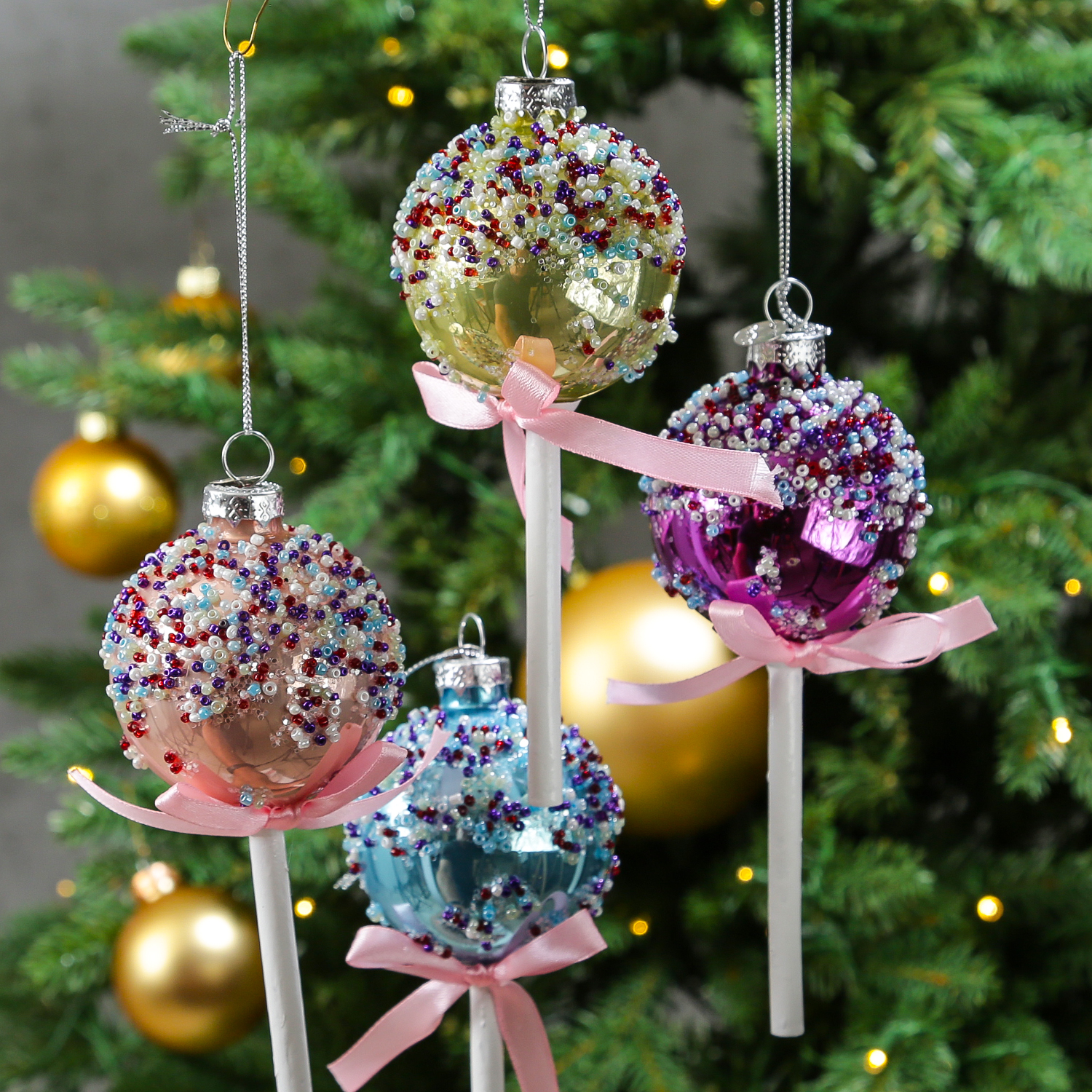 Weihnachtsbaumschmuck Lolli - mit Perlen verziert - Glas - Christbaumschmuck - H: 16cm - blau