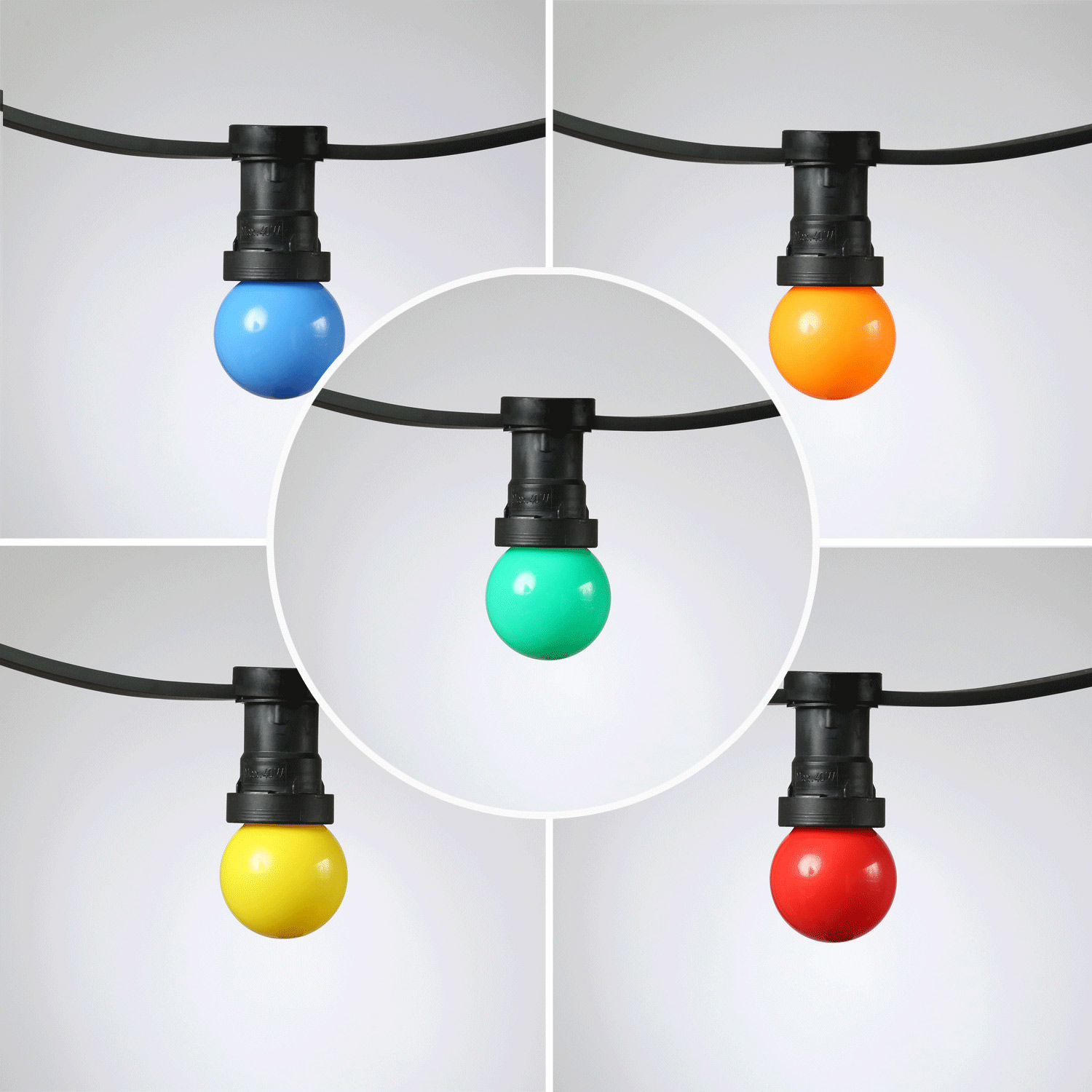 Illu-/Partylichterkette 20m - Außenlichterkette - Made in Germany - 30 x bunte LED Kugellampen Illu-/Partylichterkette 20m - Außenlichterkette - Made in Germany - 30 x bunte LED Kugellampen