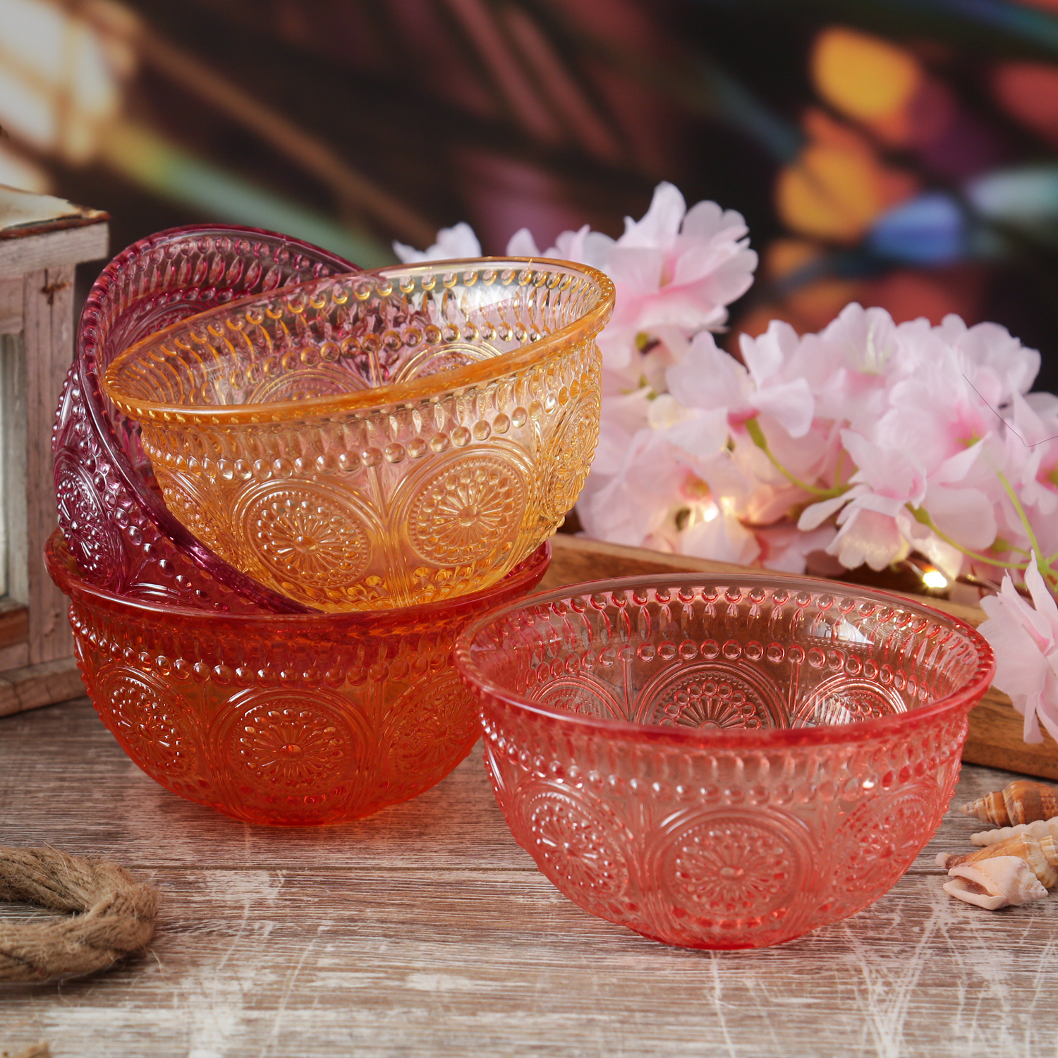 Glasschale Vintage mit Blumenmuster - Dessert/Snack Schüssel - D: 12,7cm - 210ml - Boho Stil - rosa