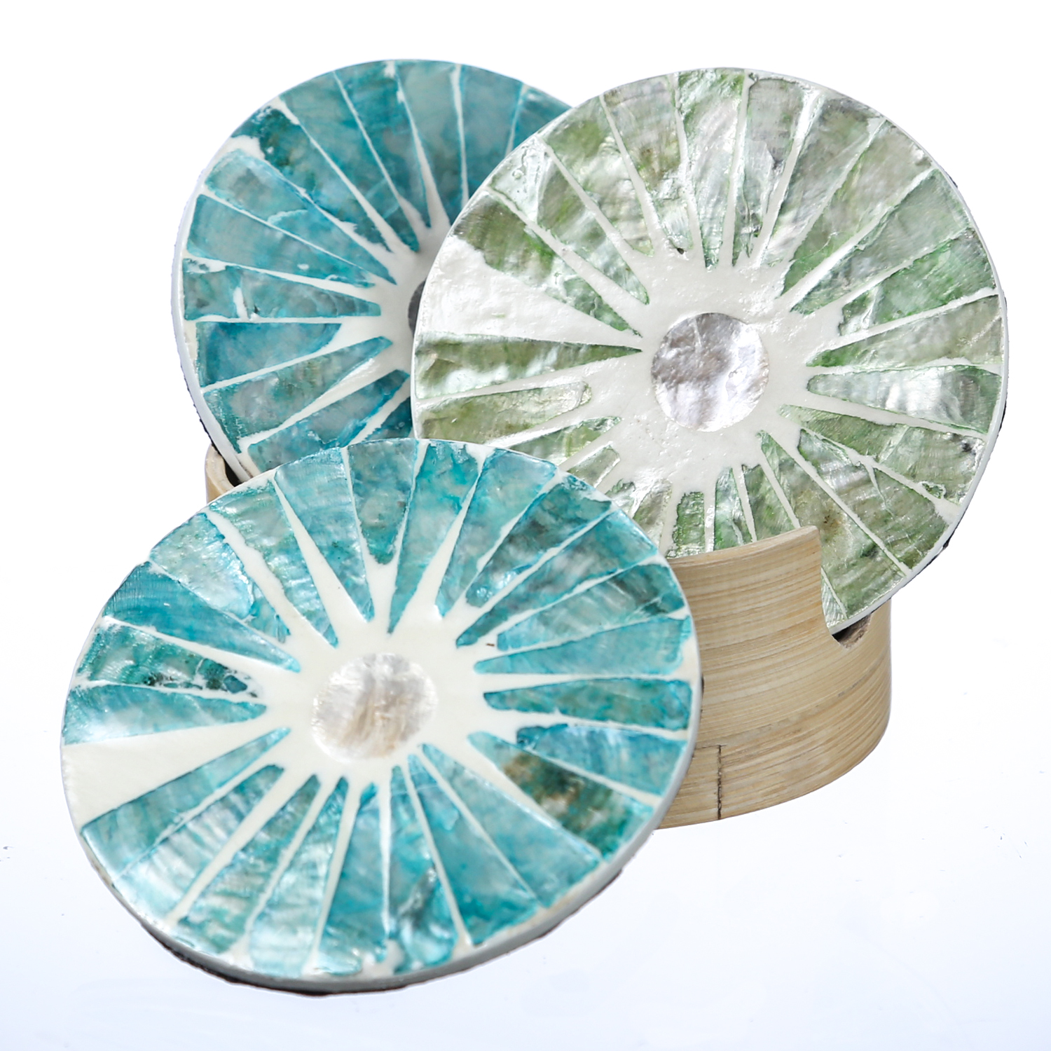 Getränkeuntersetzer - mediterranes Muster - Keramik - D: 9cm - rund - natur, grün, blau - 4er Set Getränkeuntersetzer - mediterranes Muster - Keramik - D: 9cm - rund - natur, grün, blau - 4er Set