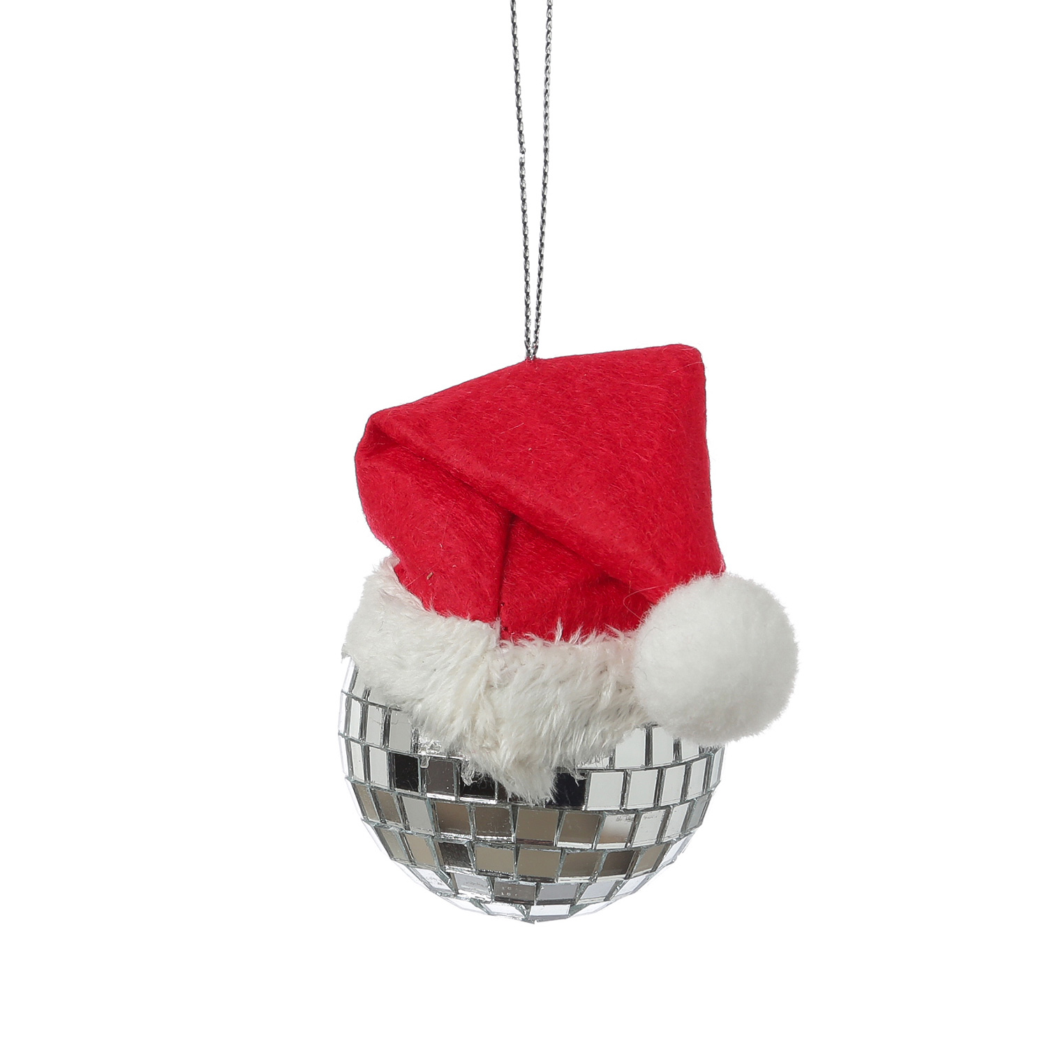 Weihnachtsbaumschmuck DISCOKUGEL mit Nikolausmütze - H: 7cm - silber