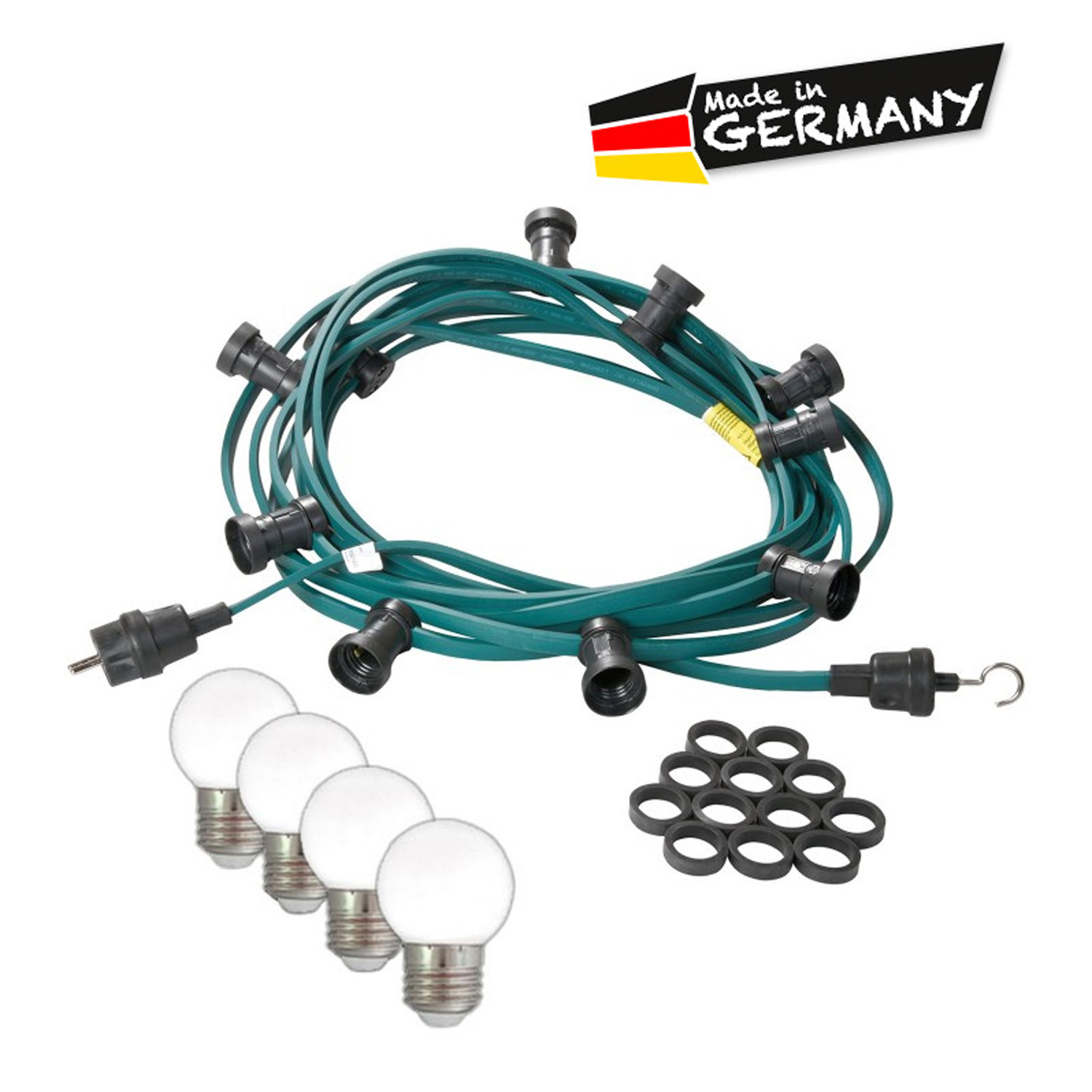Illu-/Partylichterkette 30m - Außenlichterkette grün - Made in Germany- 50 kaltweiße LED-Kugellampen Illu-/Partylichterkette 30m - Außenlichterkette grün - Made in Germany- 50 kaltweiße LED-Kugellampen