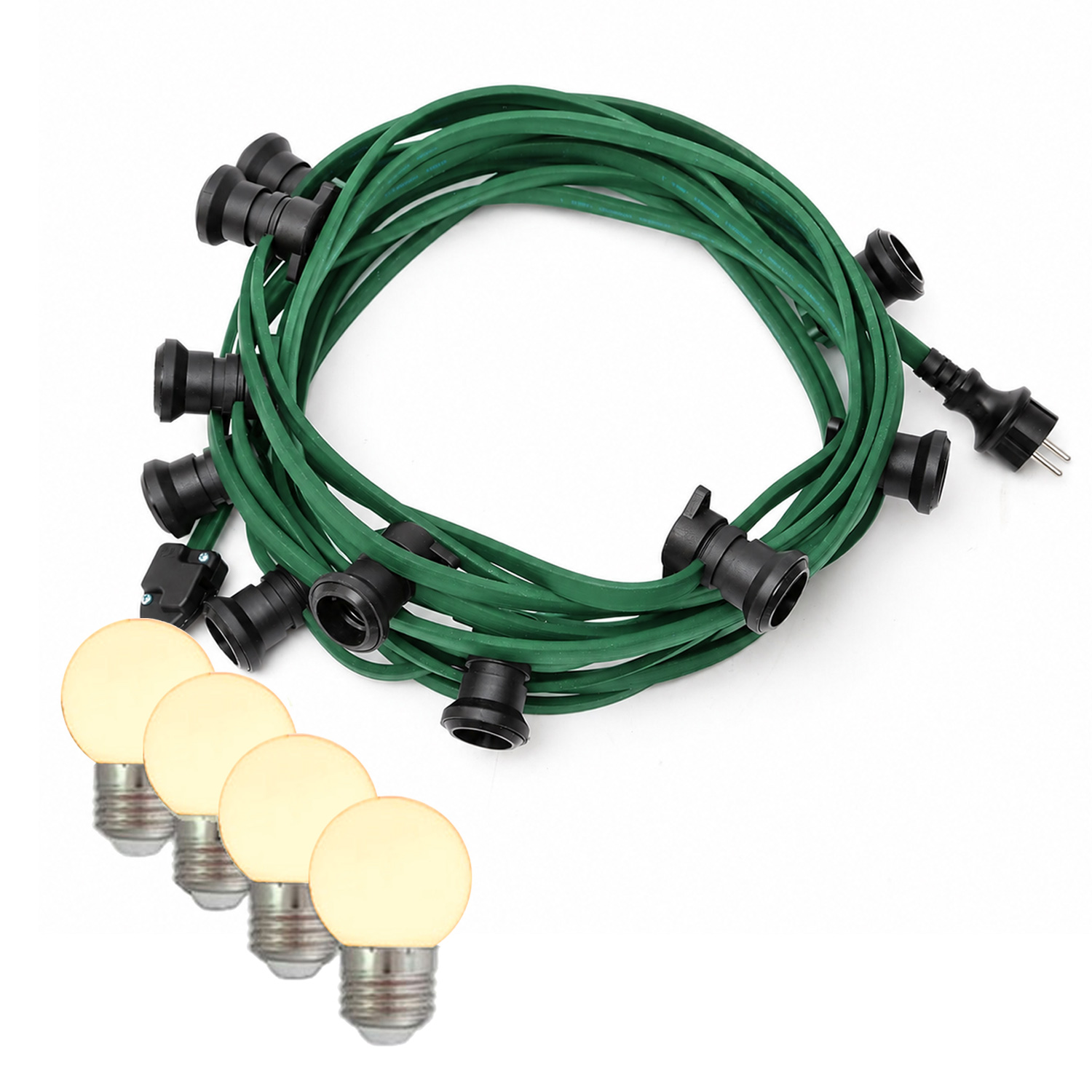 Illu-/Partylichterkette 20m - Außenlichterkette grün - 20xE27 warmweiße Kugellampen