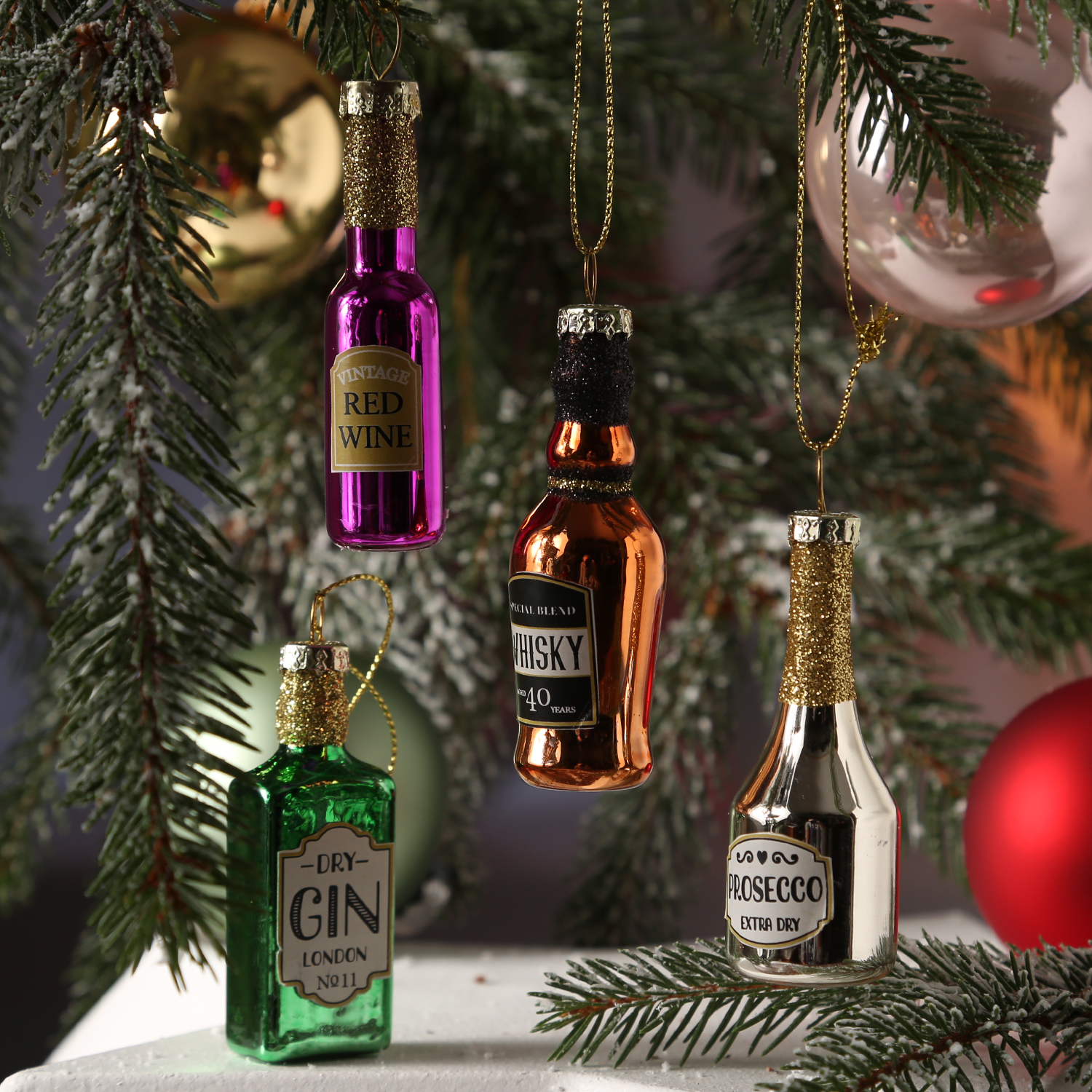 Christbaumschmuck ALKOHOLMIX - Glas - Prosecco - Gin - Whisky - Rotwein - inkl. Aufhänger - 4er Set