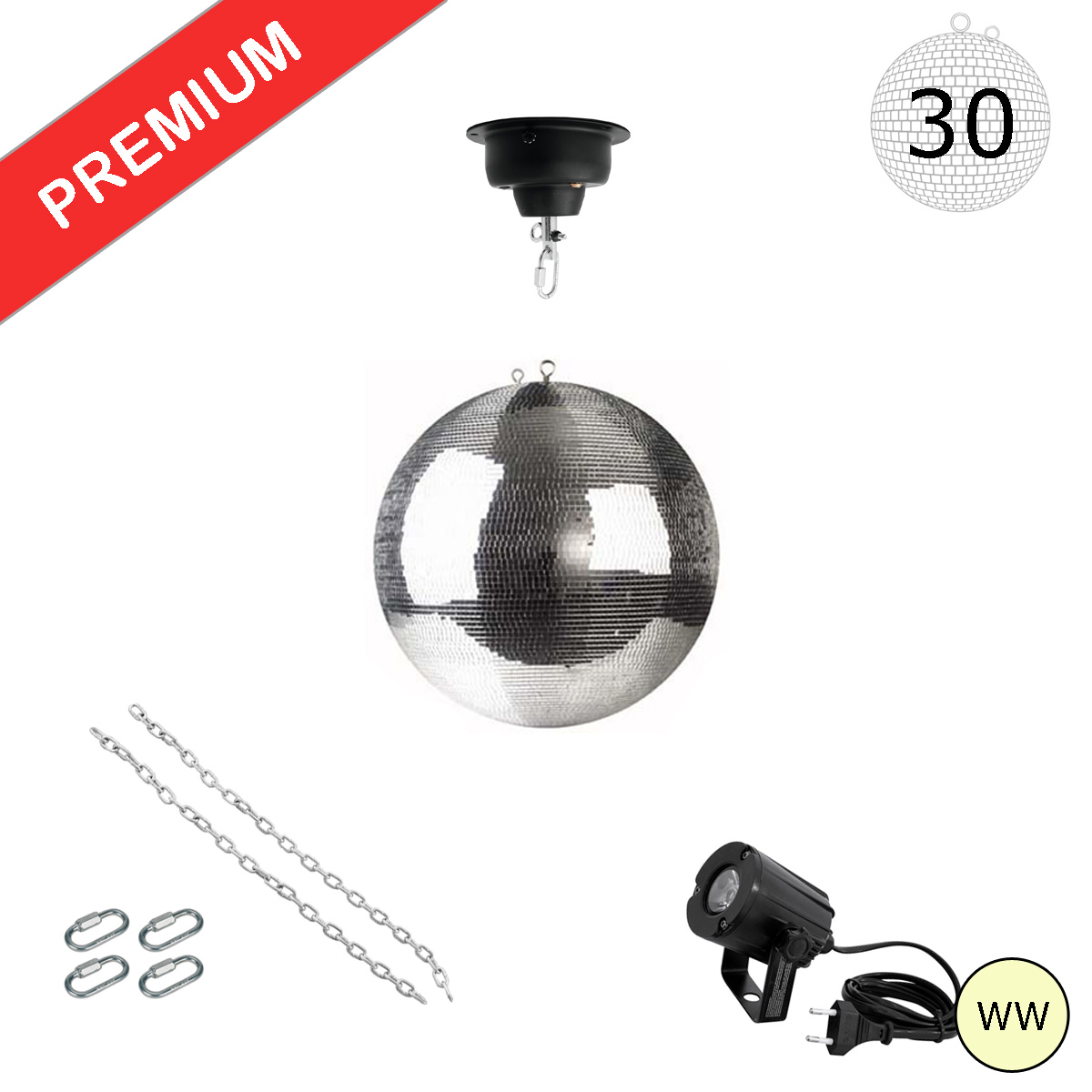 Spiegelkugel Komplettset - Discokugel, Motor, Pinspot, Montagematerial für Diskokugel - Mirrorball Set - Partyset Spiegelkugel Komplettset - Discokugel, Motor, Pinspot, Montagematerial für Diskokugel - Mirrorball Set - Partyset