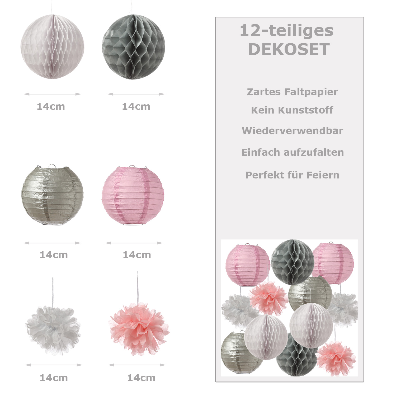 Partyset Papierdekoration 12 Teilig - grau/weiß/rosa Lampion, Pompon