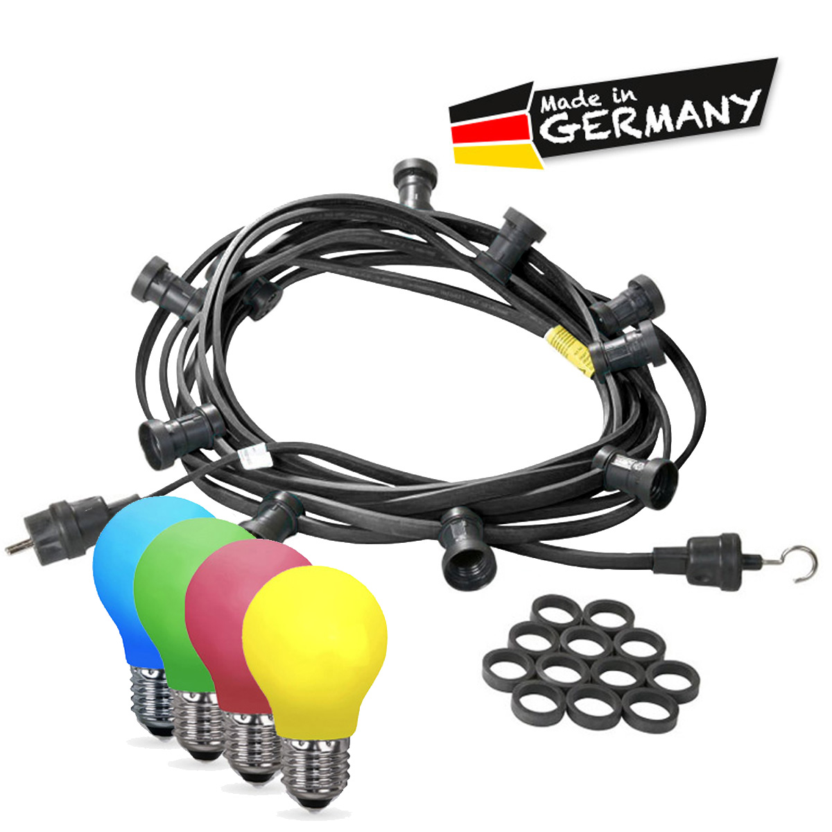 Illu-/Partylichterkette 50m - Außenlichterkette - Made in Germany - 50 x bunte LED Tropfenlampe Illu-/Partylichterkette 50m - Außenlichterkette - Made in Germany - 50 x bunte LED Tropfenlampe