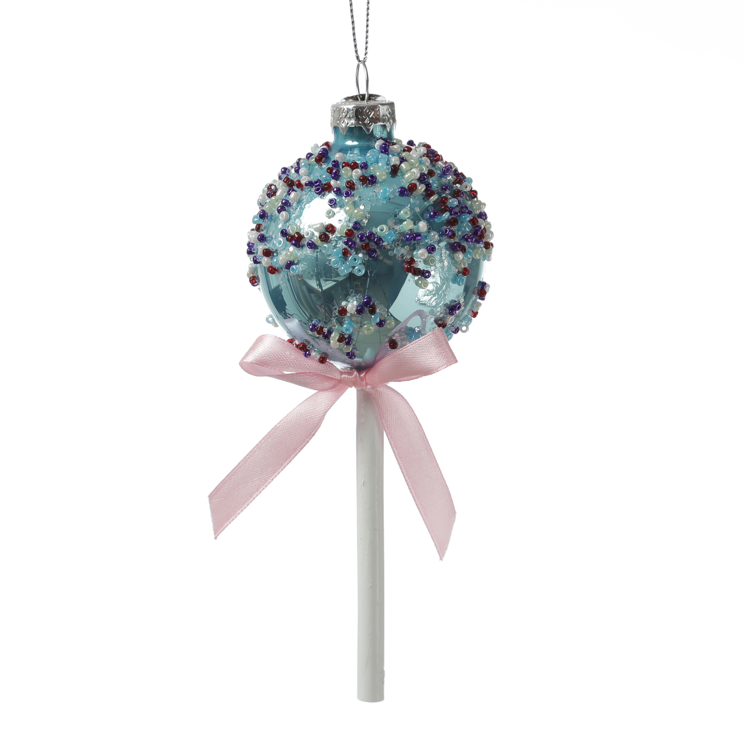 Weihnachtsbaumschmuck Lolli - mit Perlen verziert - Glas - Christbaumschmuck - H: 16cm - blau