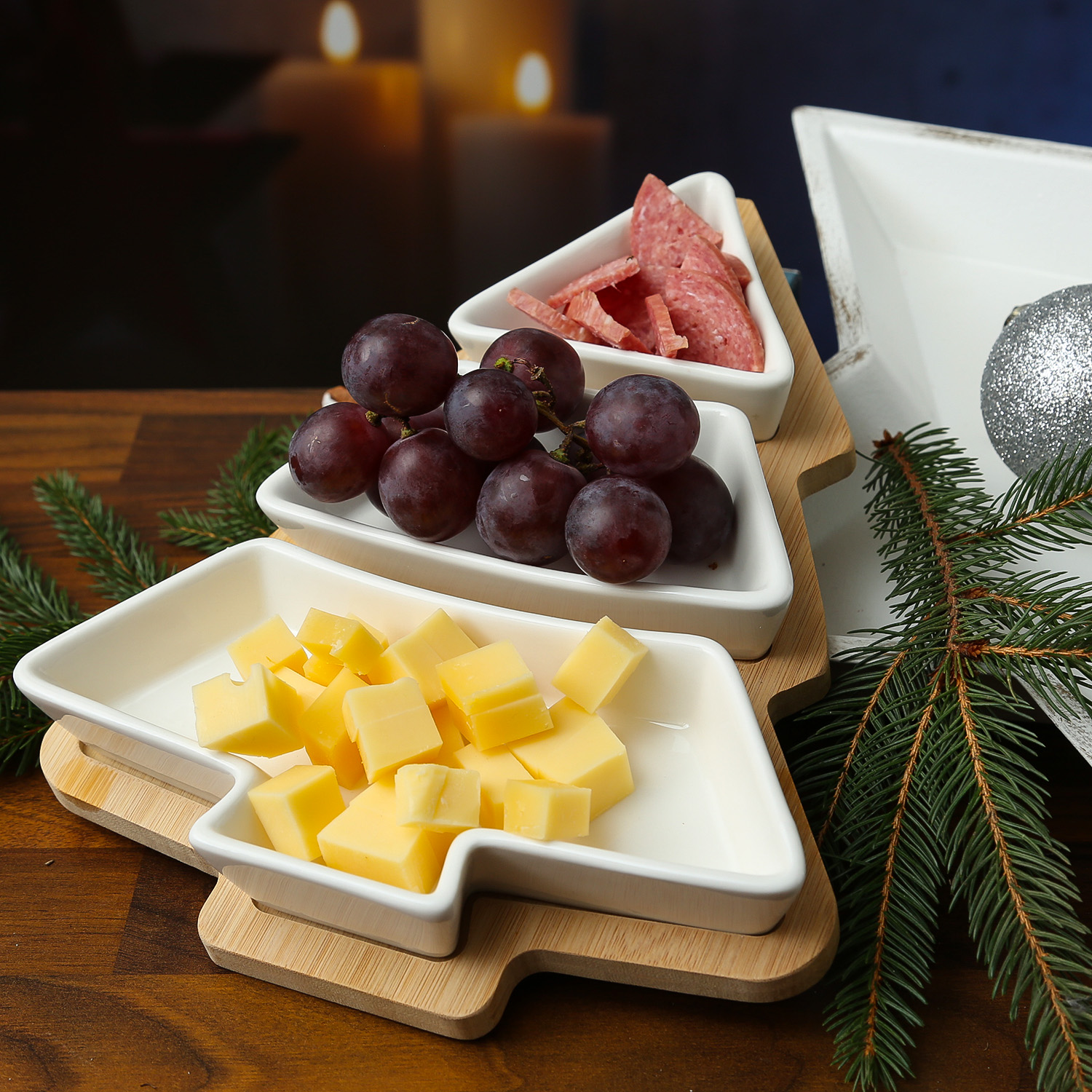Tapas Set WEIHNACHTSBAUM - Bambus - 3 Keramikschalen - L: 27,5cm - natur, weiß