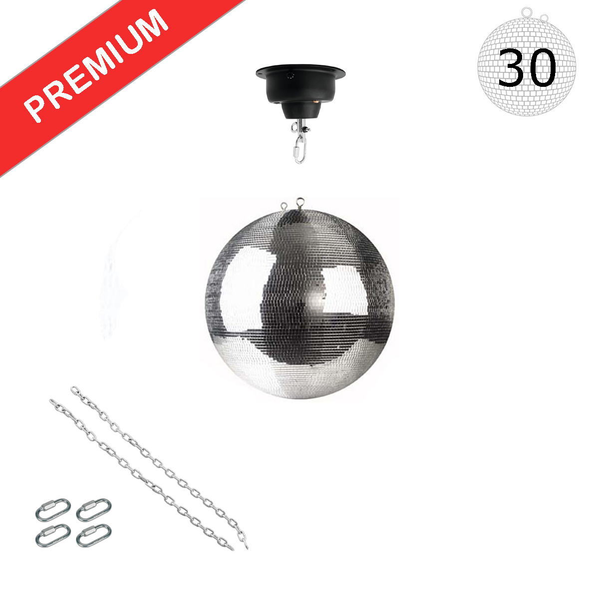 Spiegelkugel Set 30cm Kugel PREMIUM + Motor MBM-404, 2 Ketten, 4 Kettenglieder Spiegelkugel Set 30cm Kugel PREMIUM + Motor MBM-404, 2 Ketten, 4 Kettenglieder