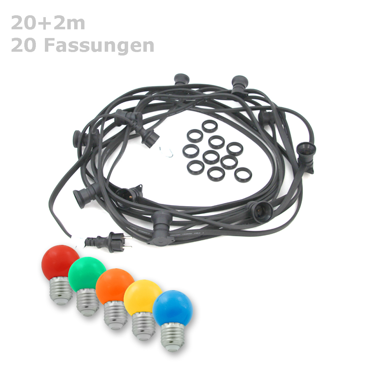 ILLU-Lichterkette BLACKY - 20m - 20xE27 | IP44 | mit bunten LED Kugellampen | SATISFIRE ILLU-Lichterkette BLACKY - 20m - 20xE27 | IP44 | mit bunten LED Kugellampen | SATISFIRE