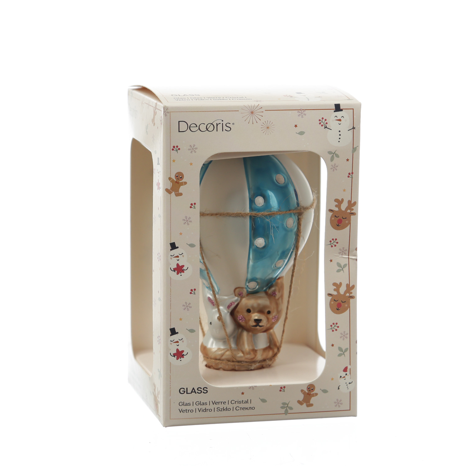 Weihnachtsbaumschmuck BALLON mit Bärchen und Hase - Glas - H: 13cm - blau