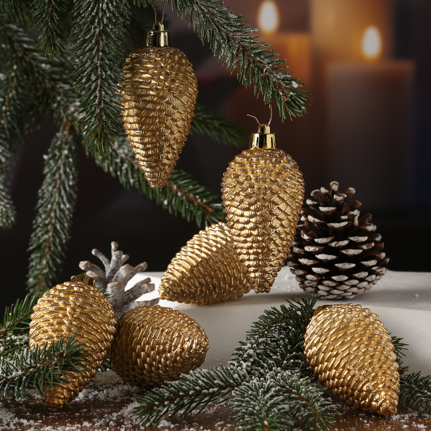 Christbaumschmuck ZAPFEN - Weihnachtsbaumschmuck - bruchfest - glitzernd - H: 8cm - gold - 6er Set