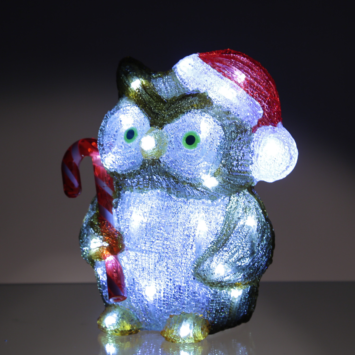 LED Eule mit Zuckerstange - Acrylfigur - 32 kaltweiße LED - H: 24cm - Timer - Batteriebetrieb