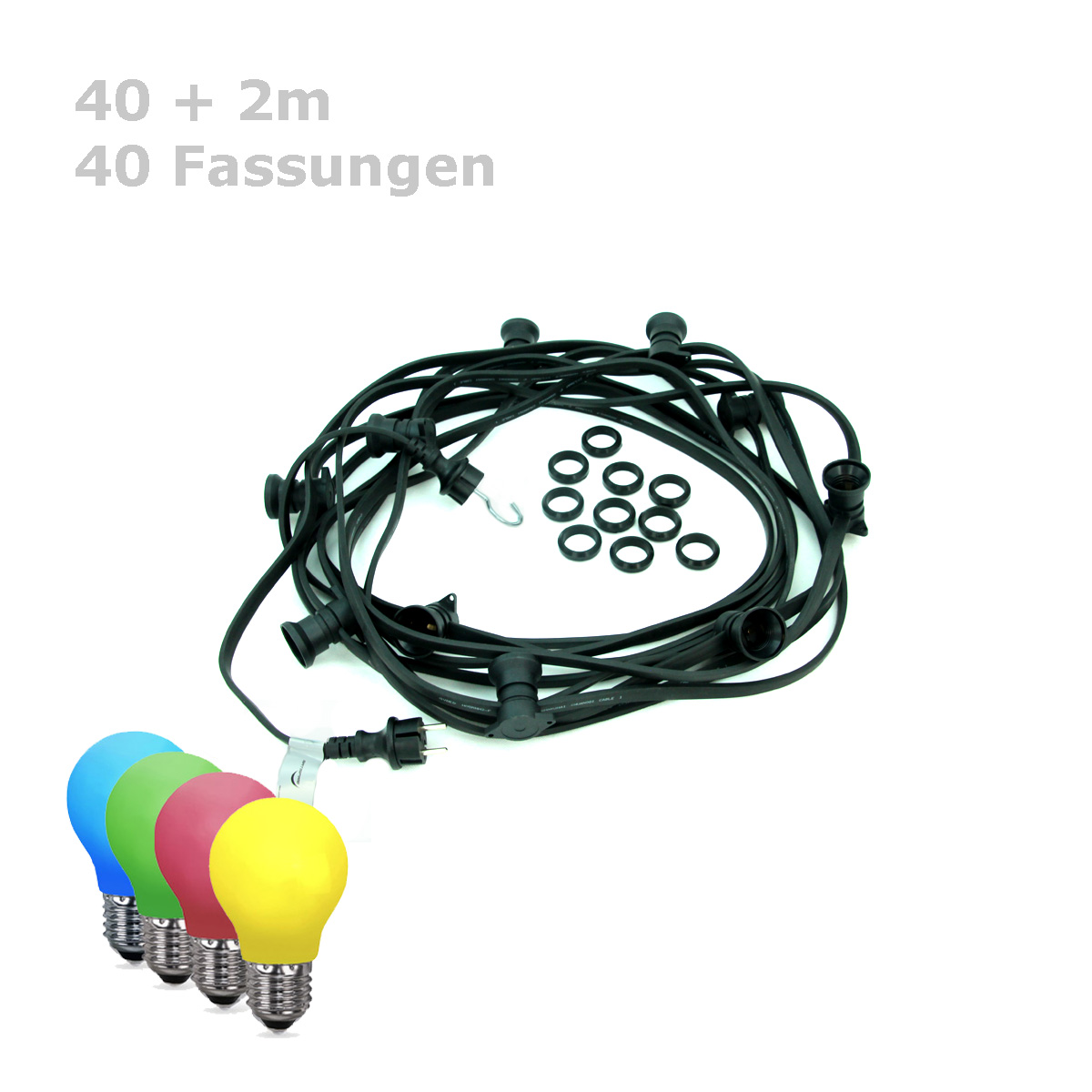 ILLU-Lichterkette BLACKY - 40m - 40xE27 | IP44 | bunte LED Tropfenlampen | SATISFIRE ILLU-Lichterkette BLACKY - 40m - 40xE27 | IP44 | bunte LED Tropfenlampen | SATISFIRE