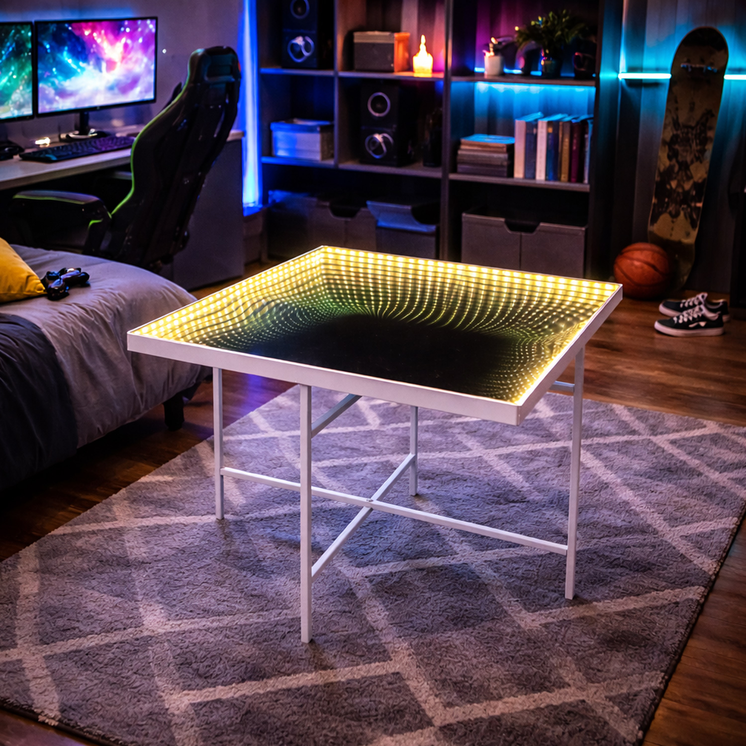 LED Tisch  - eckig - Endlos Optik - Infinity Spiegeltisch mit LED - L 475cm - Batterie - Timer