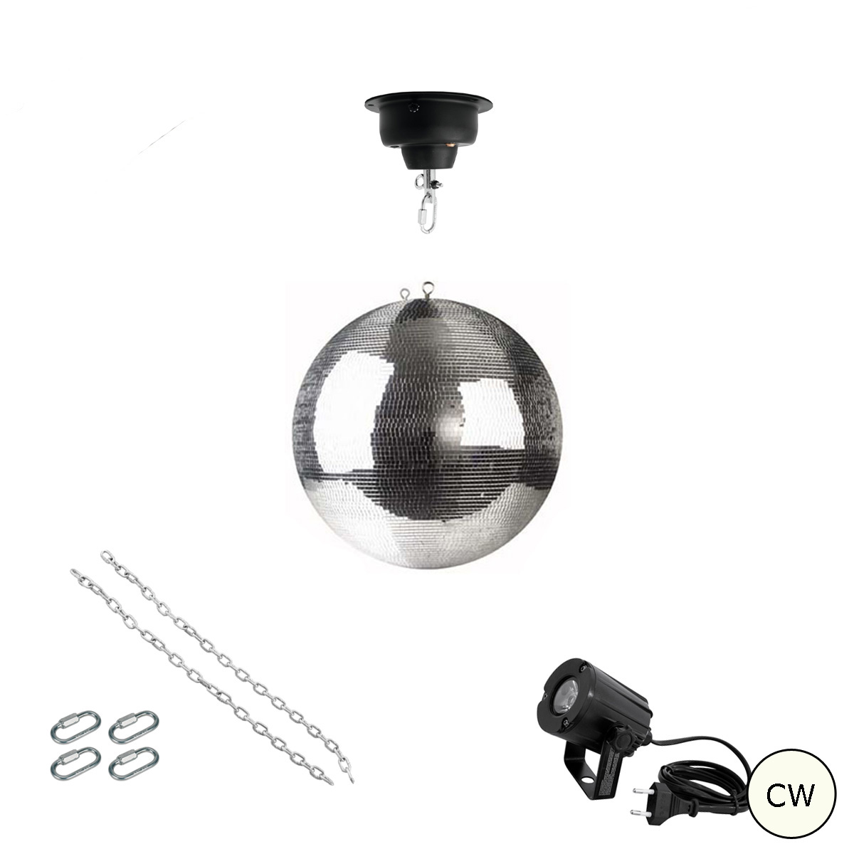 Spiegelkugel Komplettset - Discokugel, Motor, Pinspot, Montagematerial für Diskokugel - Mirrorball Set - Partyset Spiegelkugel Komplettset - Discokugel, Motor, Pinspot, Montagematerial für Diskokugel - Mirrorball Set - Partyset
