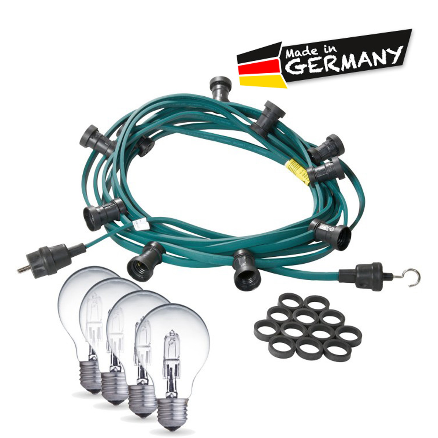 Illu-/Partylichterkette grün 20m - Außenlichterkette grün - Made in Germany - 30 Halogenlampen (28W)